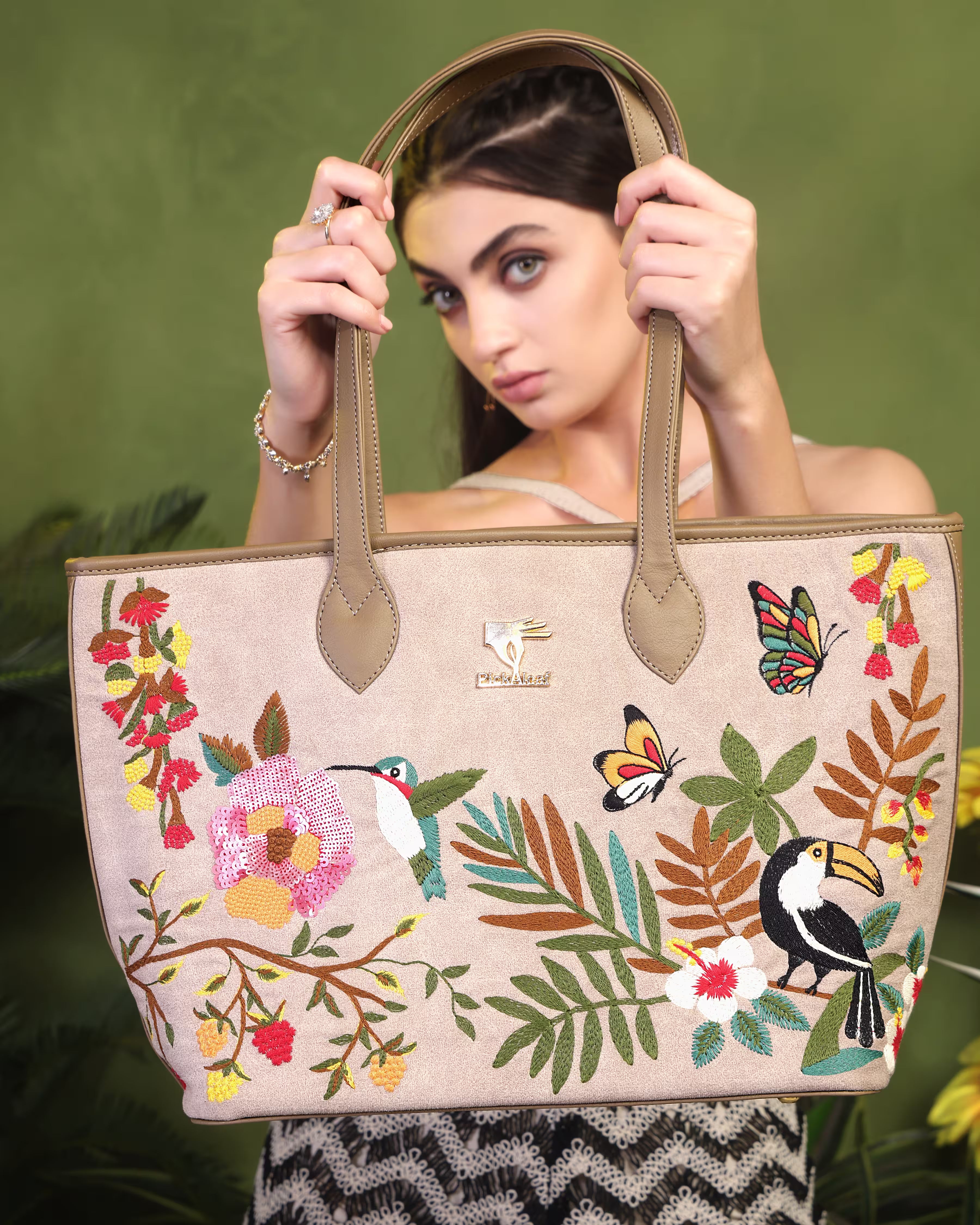 Beige floral vegan leather tote from Mystic Garden Collection