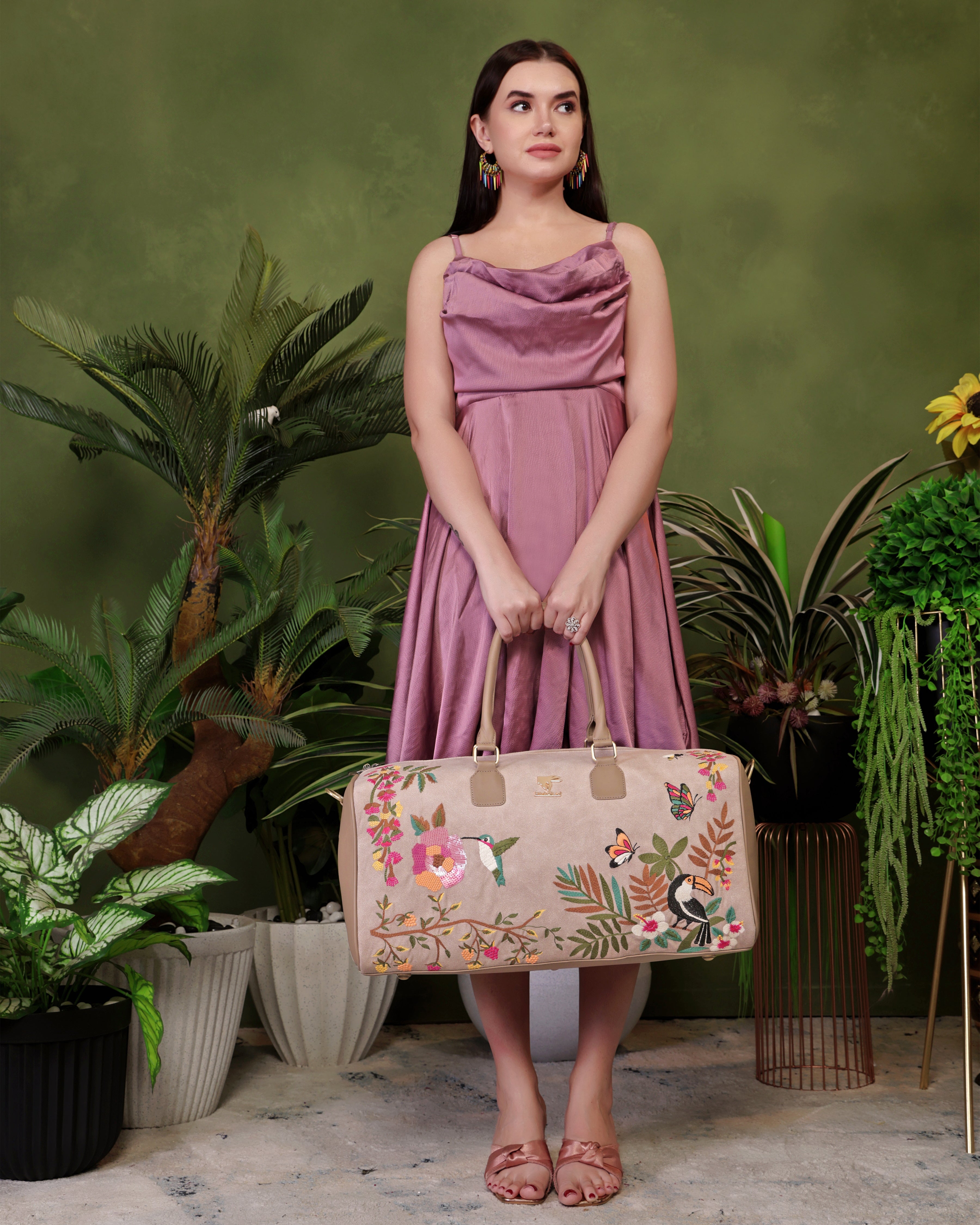 Beige Embroidery Mystic Garden Duffel Bag