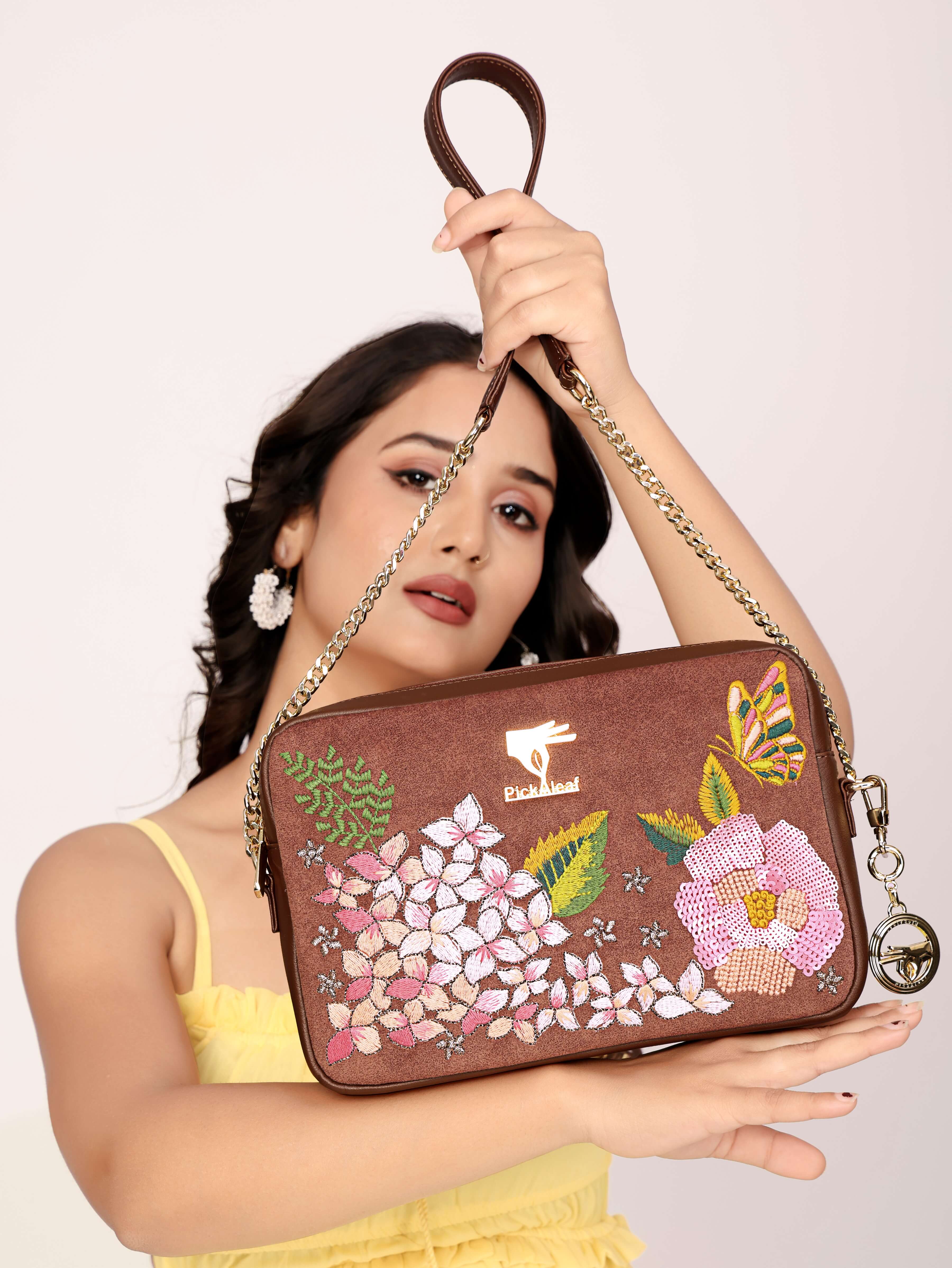 Brown floral vegan leather crossbody bag with Blossom Wood embroidery