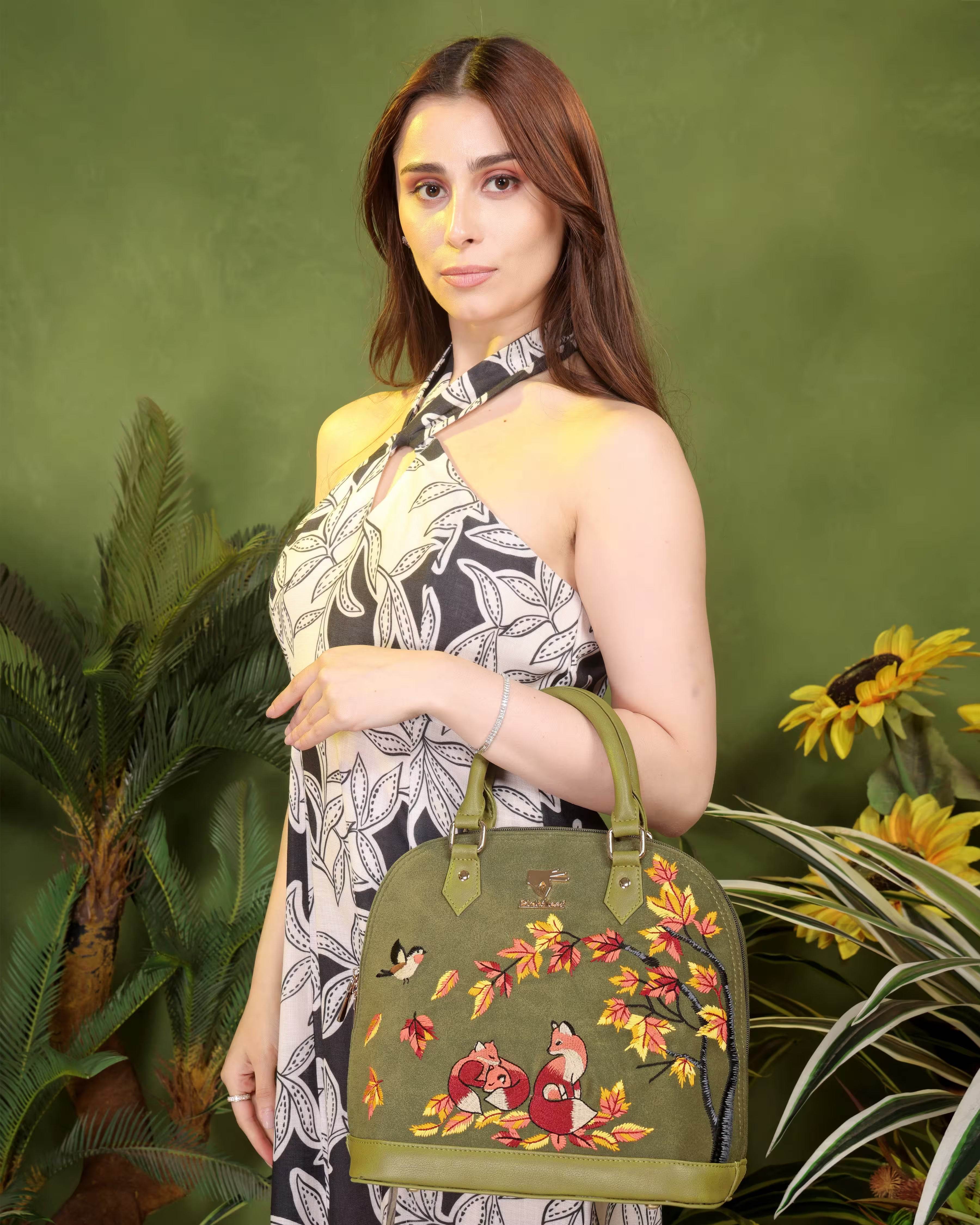 Olive green embroidered evening handbag for women in vegan leather by PickAleaf, cruelty free for parties and special occasions