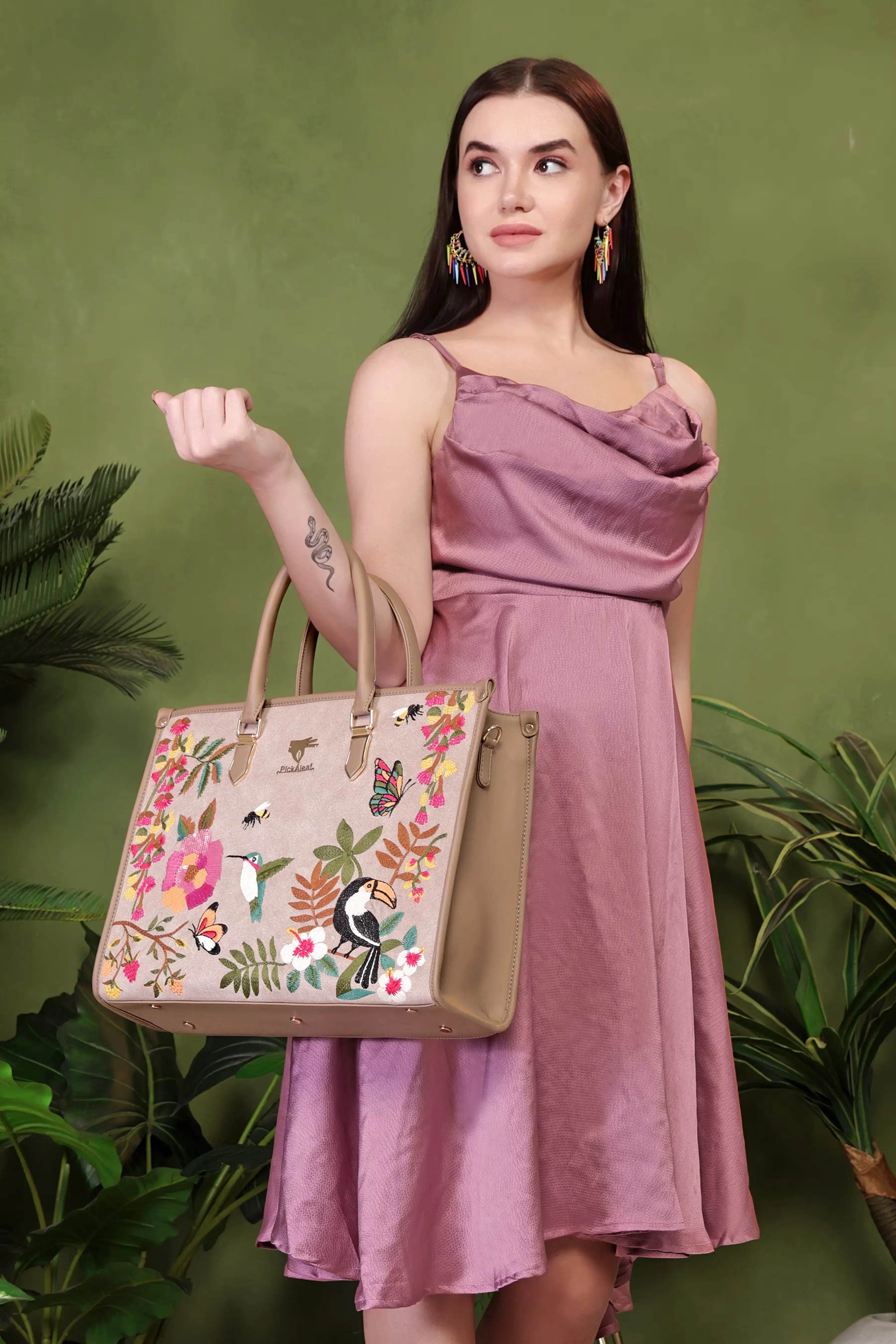 Beige party tote bag for women in cruelty free vegan leather by PickAleaf with embroidered design for outings and special occasions