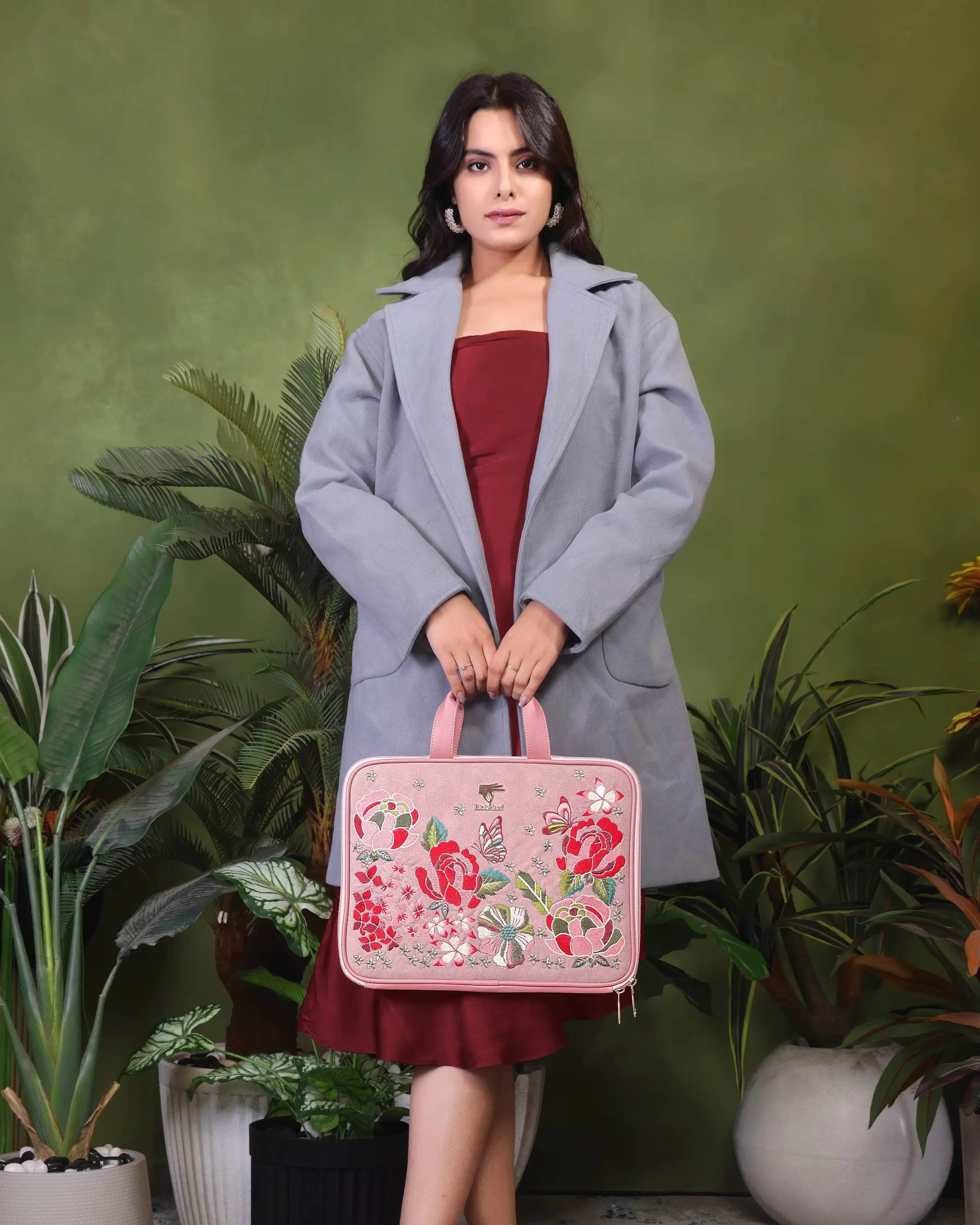 Pink work laptop sleeve 13 to 15 inch for MacBook Air and Pro in vegan leather by PickAleaf with padded protection for daily use