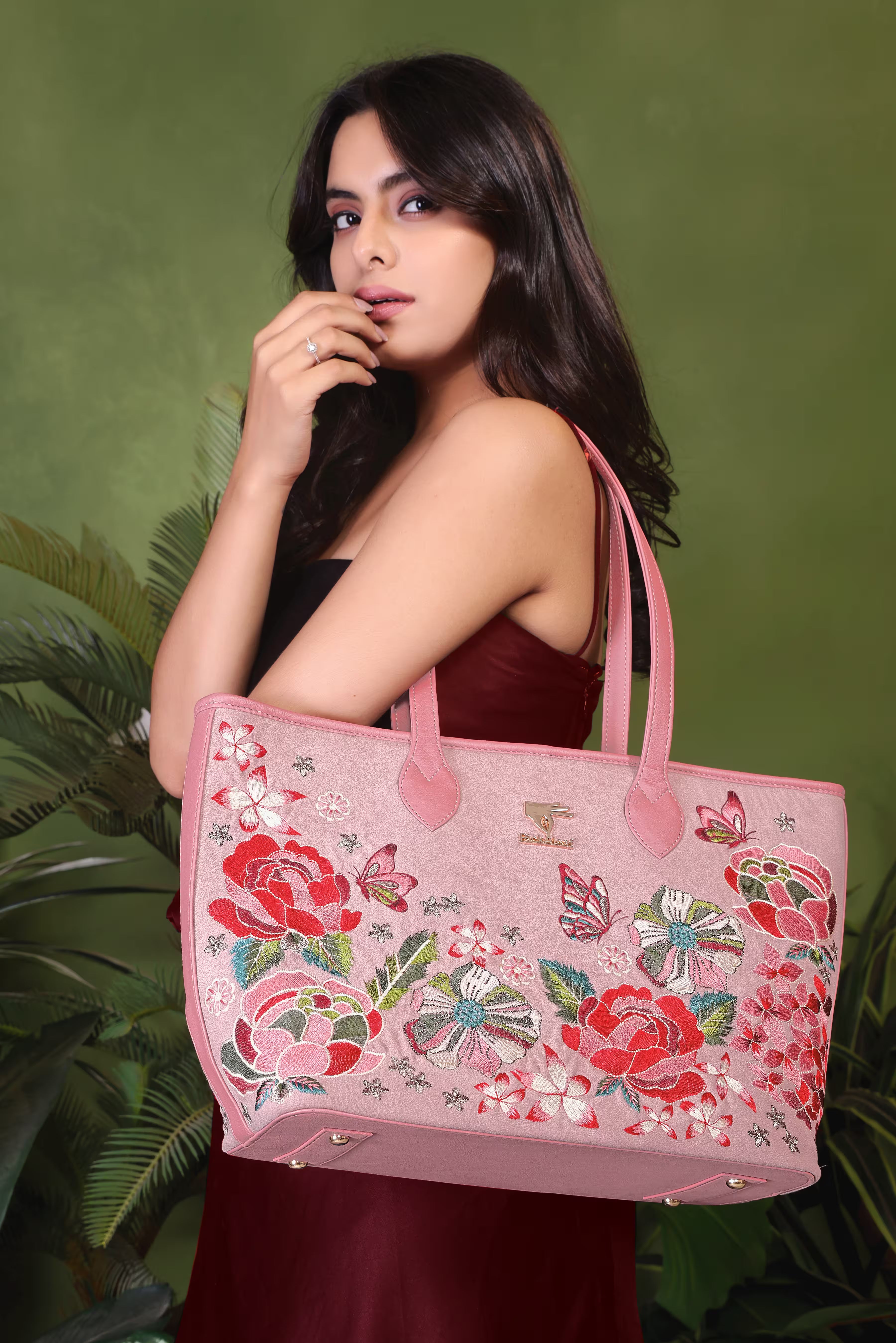 Pink vegan leather embroidered tote bag for work and casual wear.