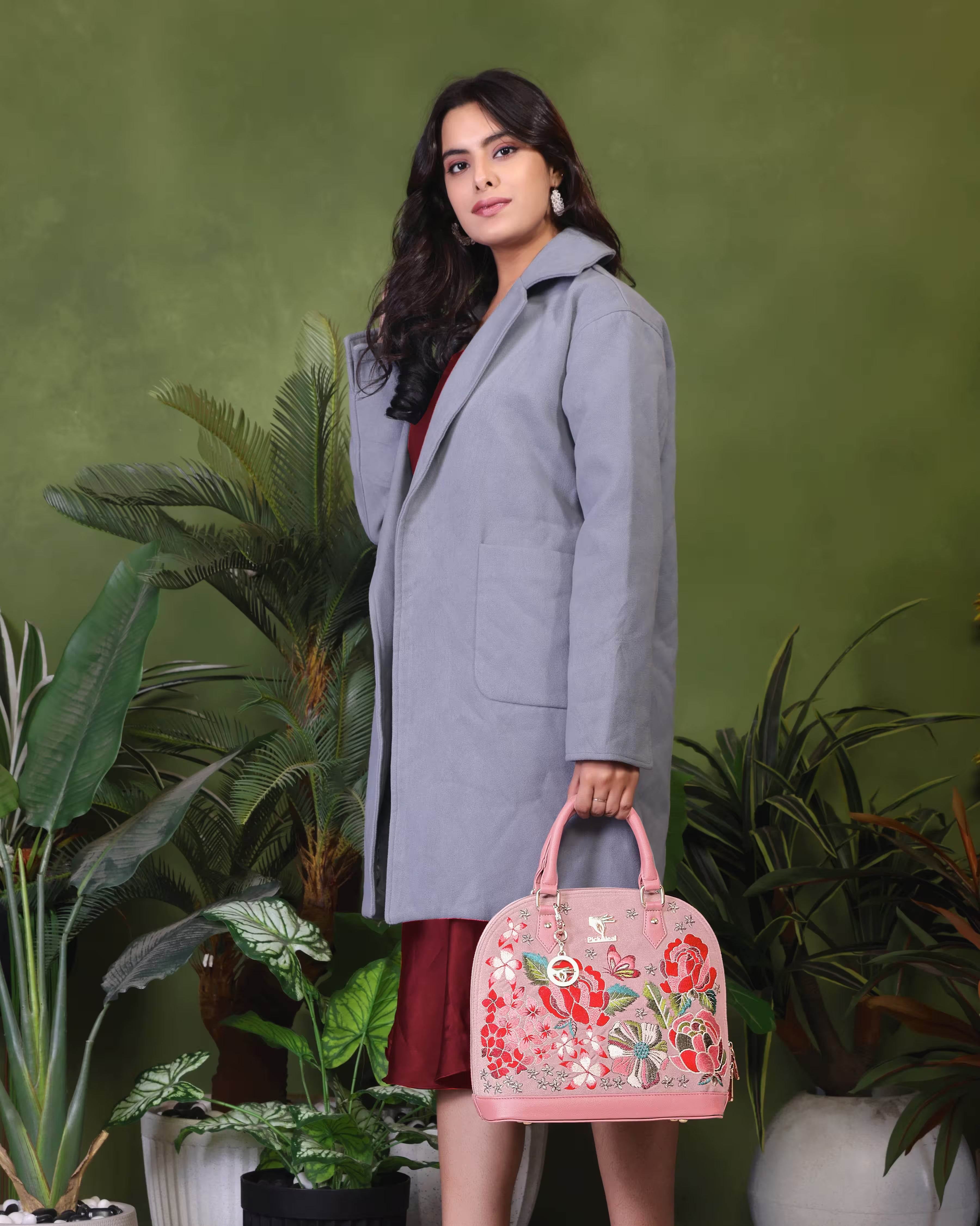 Pink embroidered wedding handbag for women in vegan leather by PickAleaf, cruelty free, for weddings, gifting and special occasions