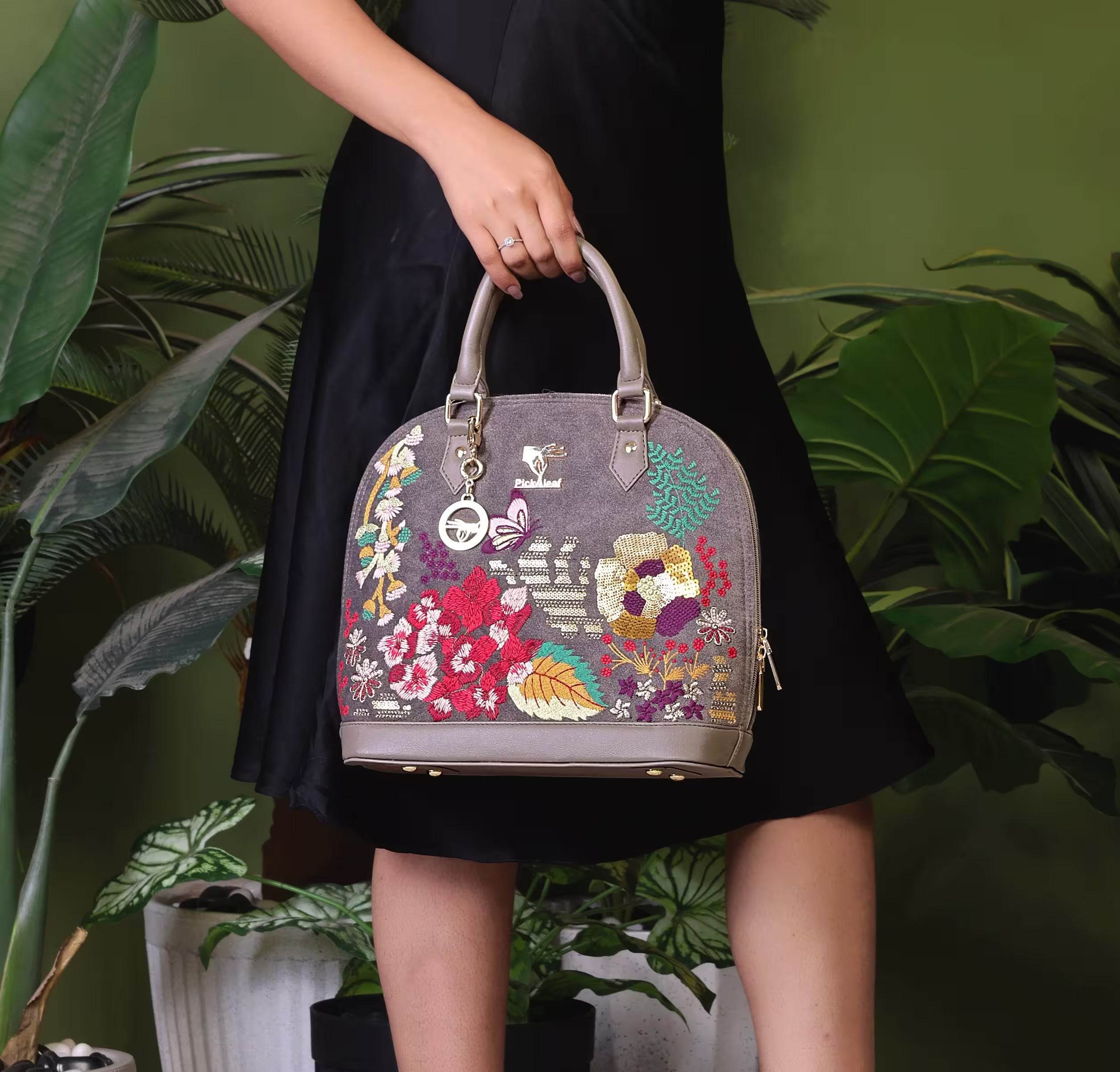 Grey embroidered small handbag for women in vegan leather by PickAleaf, cruelty free for work, meetings and formal use