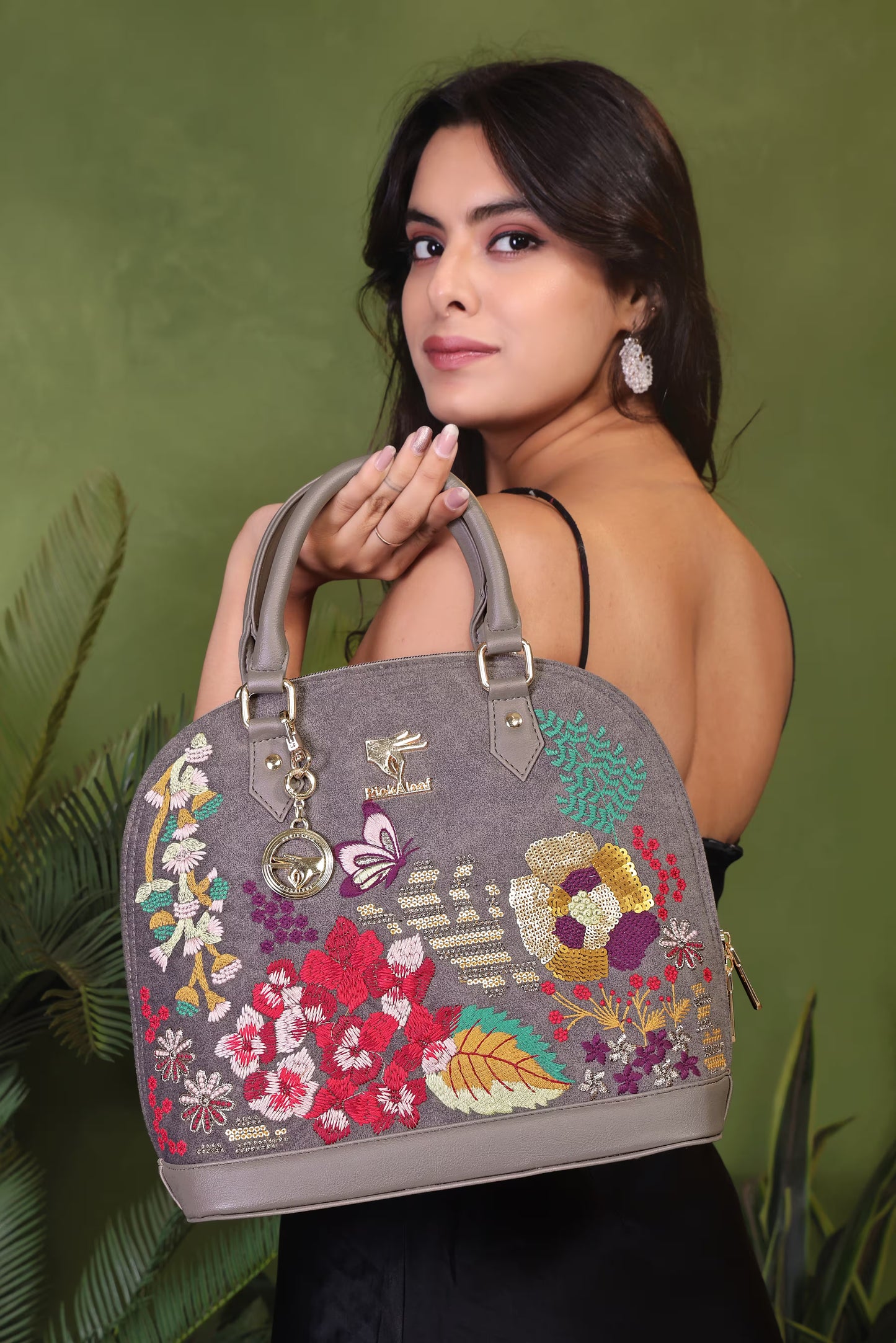 Gray Embroidery Garden Grey Hand Bag
