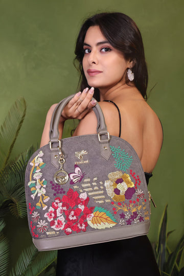 Grey Embroidery Garden Grey Hand Bag
