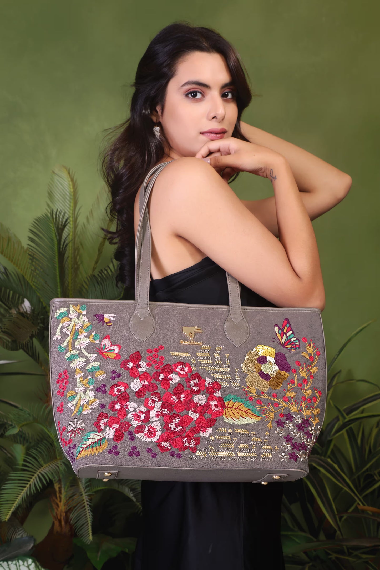 Gray Embroidery Vegan Leather Tote Bag | Function, Gift & Travel