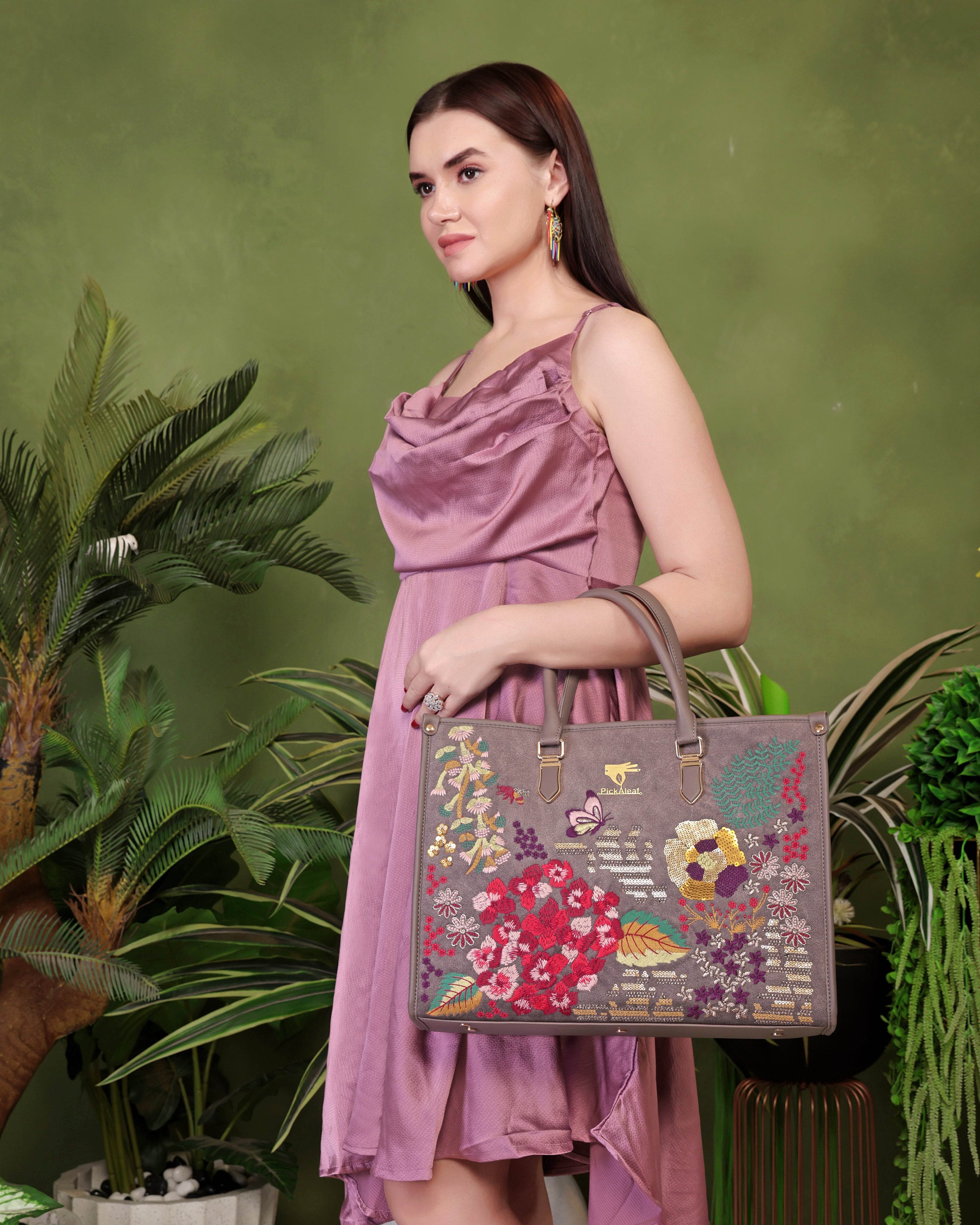 Grey embroidered tote bag for women in cruelty free vegan leather by PickAleaf with structured design for office and daily use
