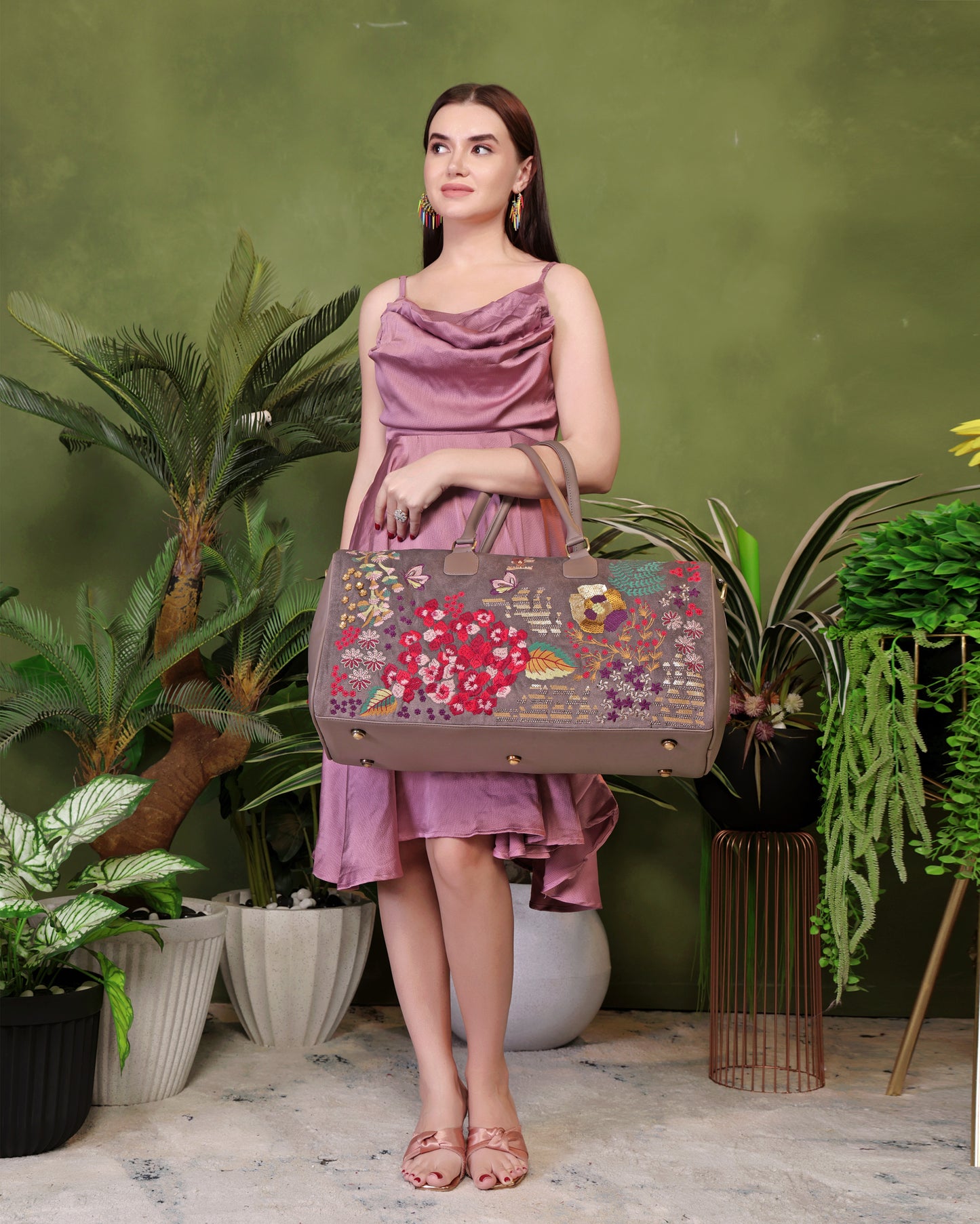 Designer Duffle Bag with Nature-Inspired Embroidery, Adjustable Strap, Dust Cover – Travel Weekender, Gift for Her, Stylish Luggage Bag