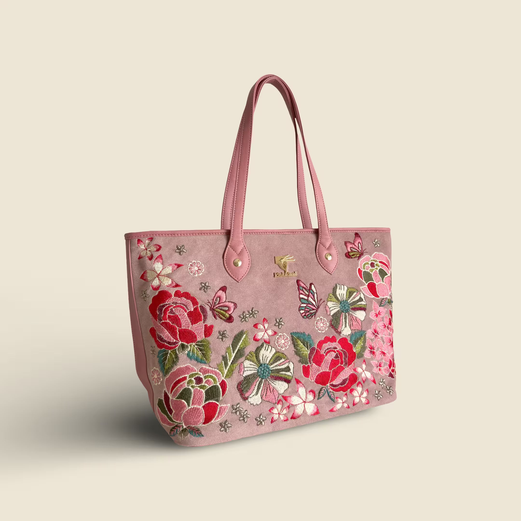 Pink vegan leather embroidered tote bag for work and casual wear.
