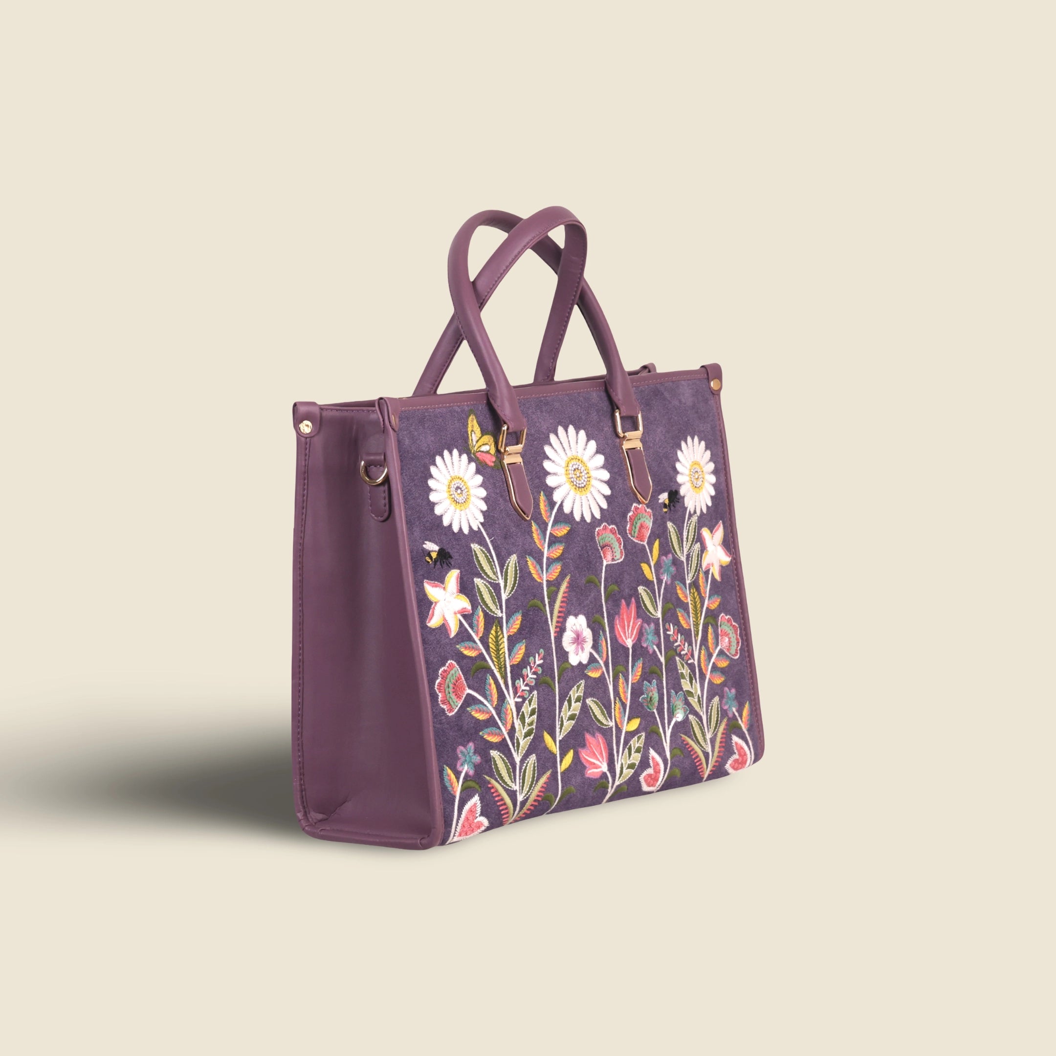 Purple embroidered work tote bag for women in cruelty free vegan leather by PickAleaf with laptop compartment and organized storage