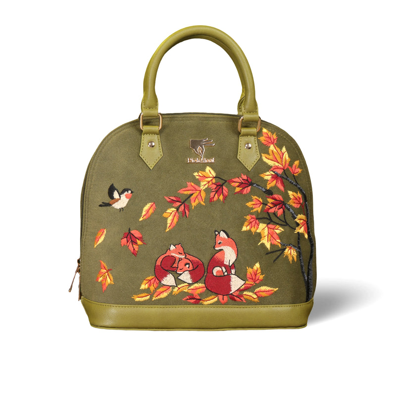 Olive green embroidered evening handbag for women in vegan leather by PickAleaf, cruelty free for parties and special occasions