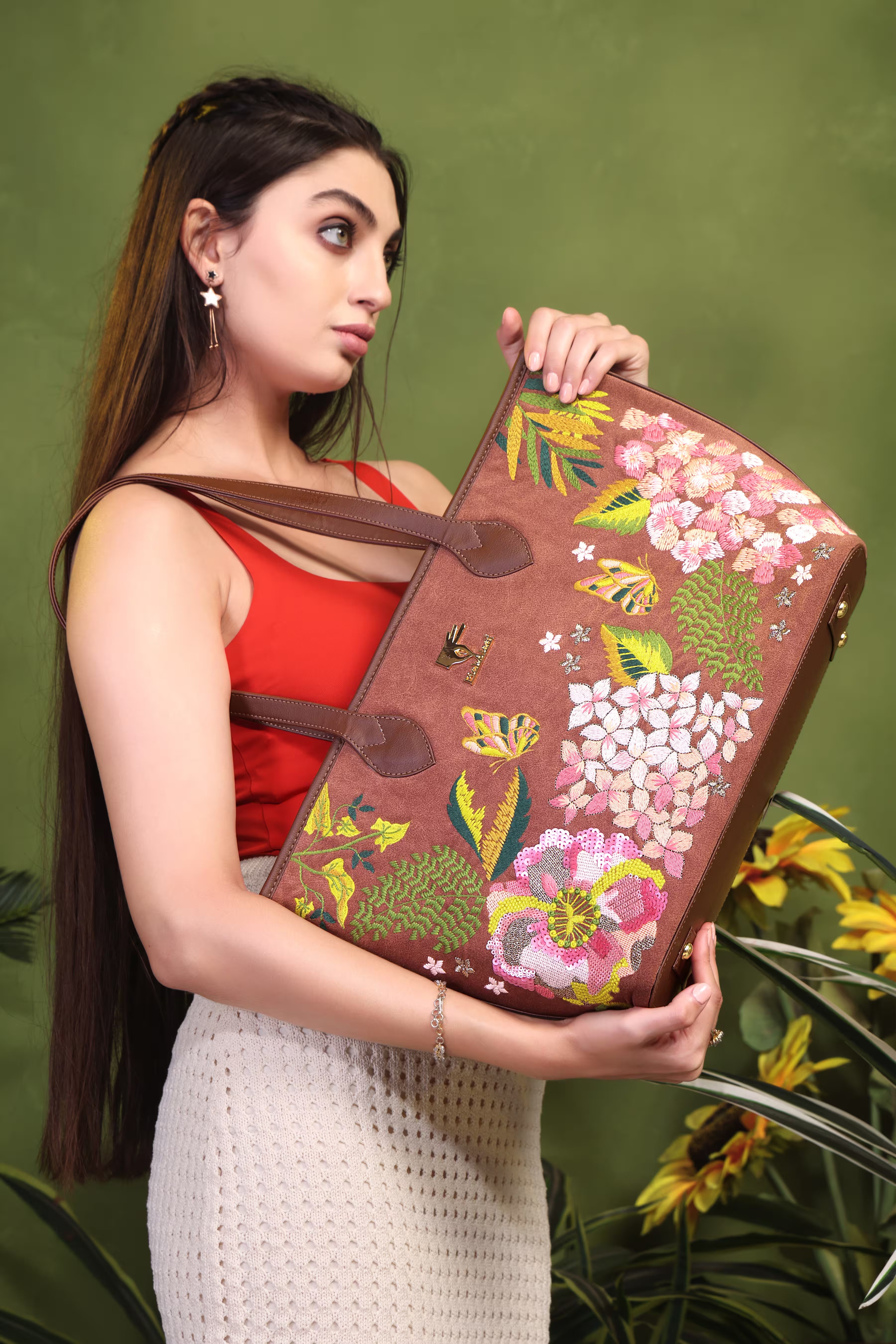 Brown Blossom Wood embroidered tote bag for weddings and travel.