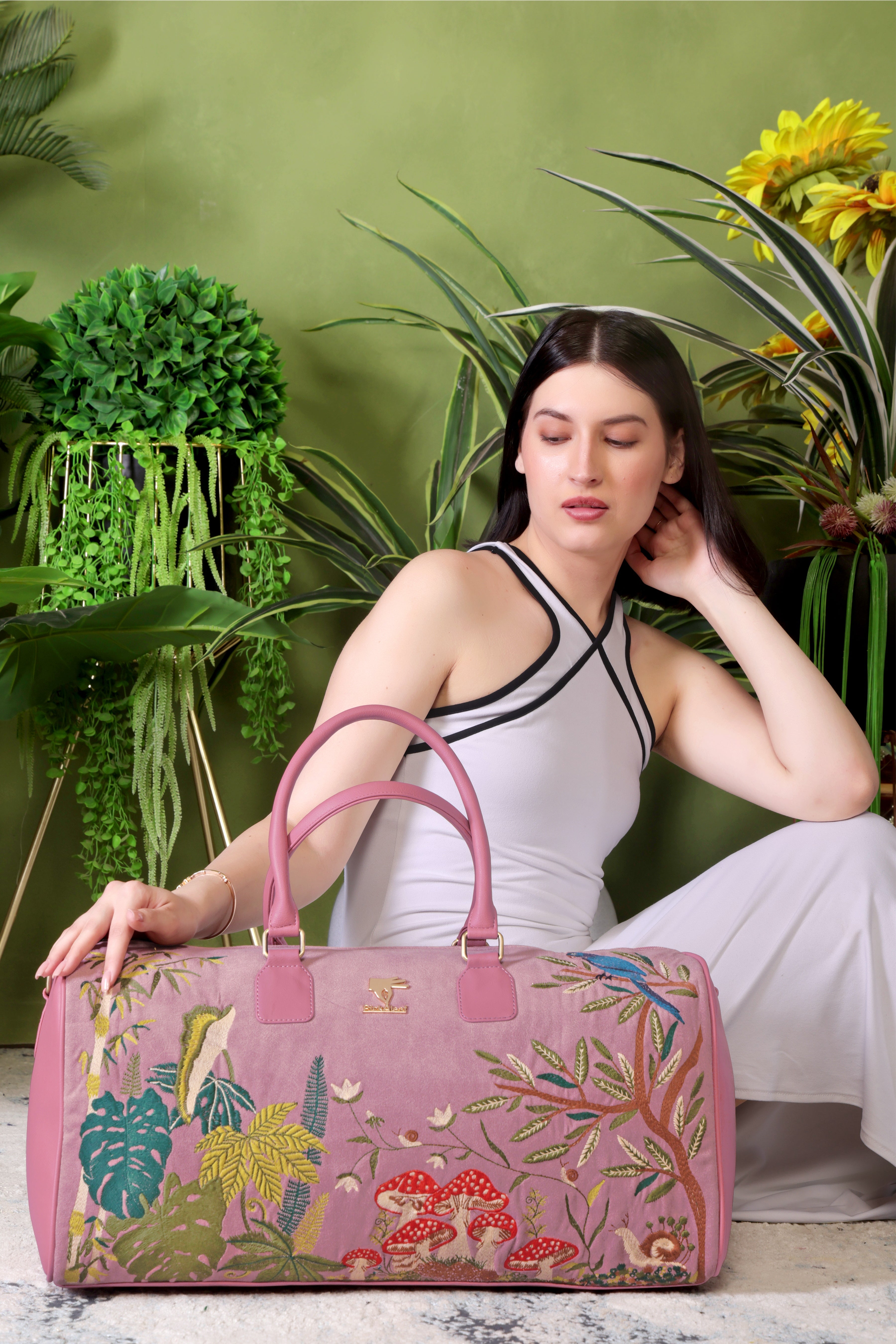 Pink Embroidery Paradise Duffel Bag