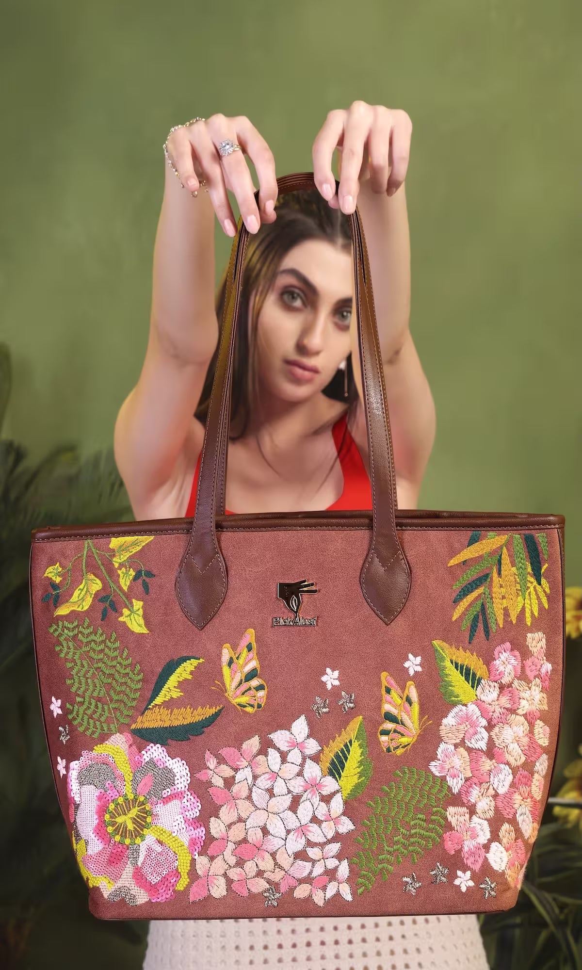 Brown Embroidery Blossom Wood Tote Bag | Wedding, Travel & Gift