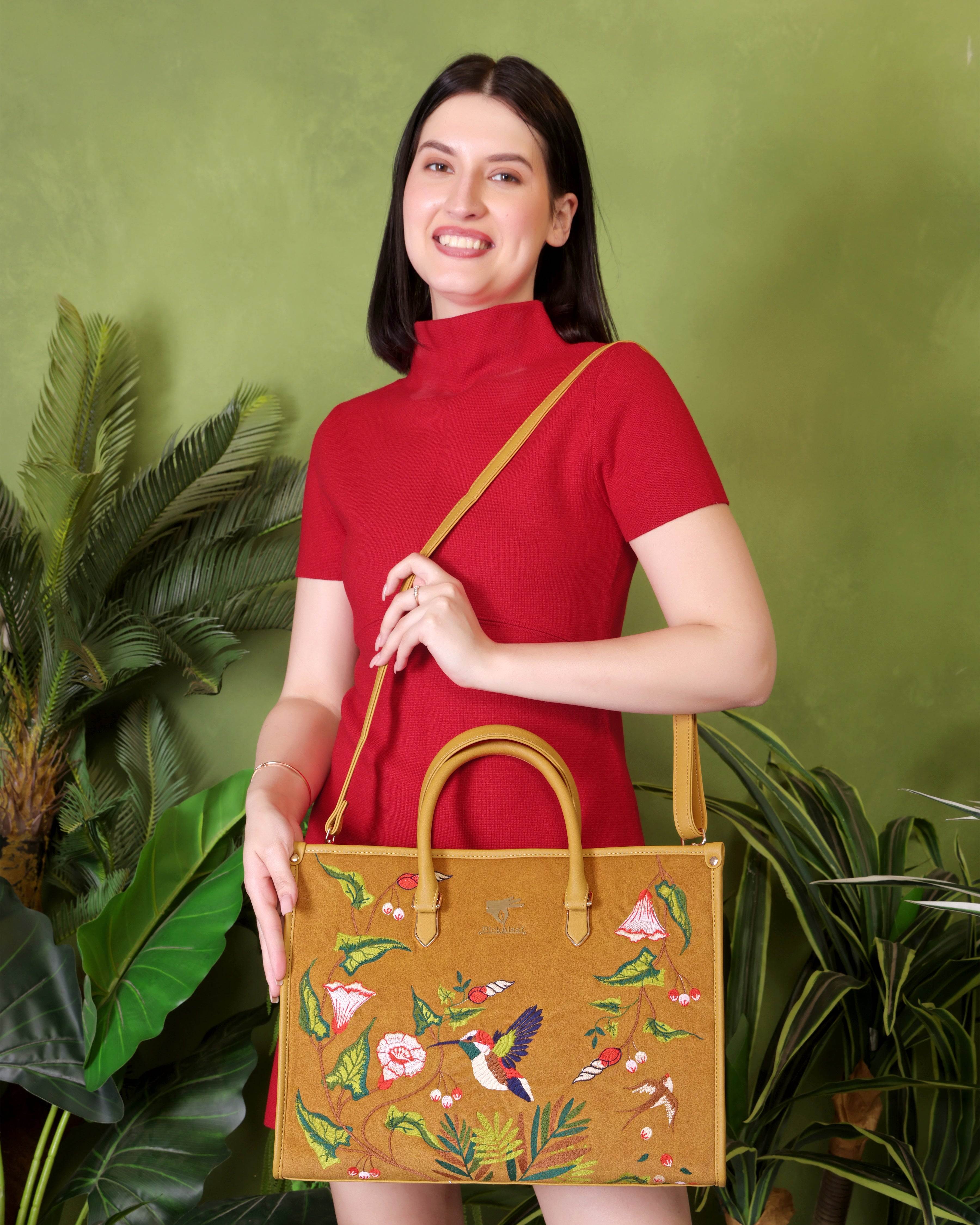 Mustard embroidered large tote bag for women in cruelty free vegan leather by PickAleaf with laptop pocket and organized compartments