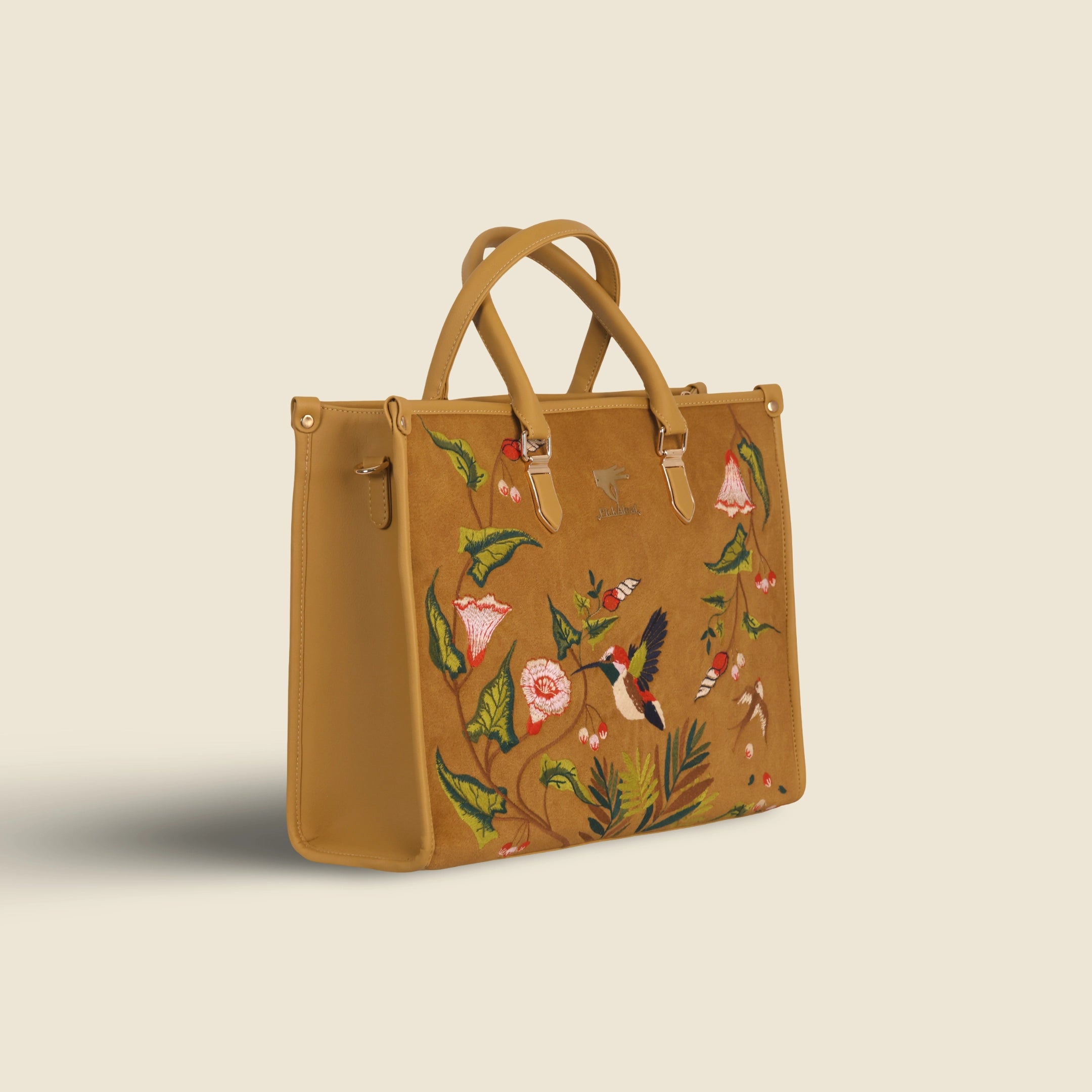 Mustard embroidered large tote bag for women in cruelty free vegan leather by PickAleaf with laptop pocket and organized compartments