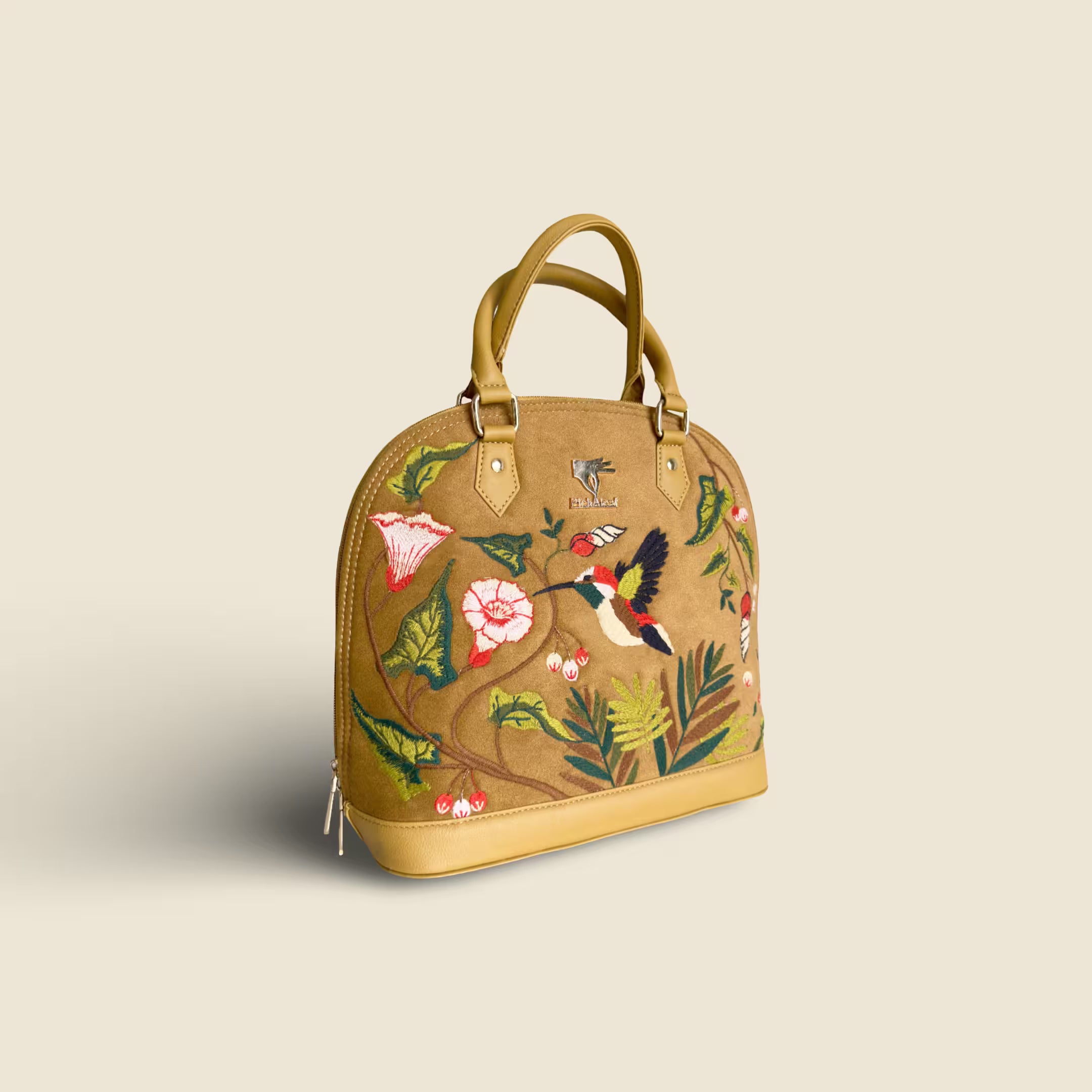 Mustard embroidered unique handbag for women in vegan leather by PickAleaf, cruelty free, for work, meetings and formal use