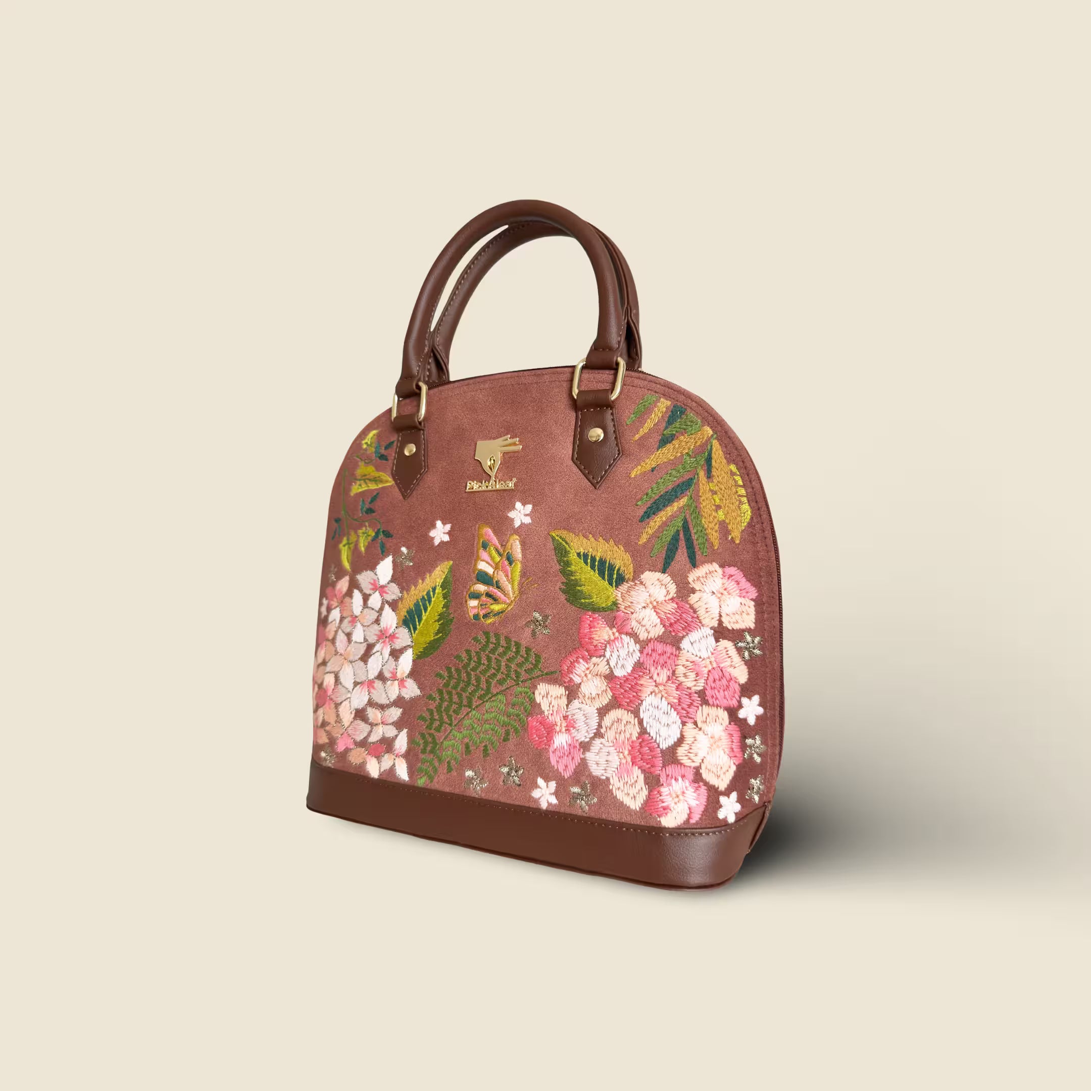 Brown embroidered handbag for women in vegan leather by PickAleaf, cruelty free with floral design for parties, weddings and daily use