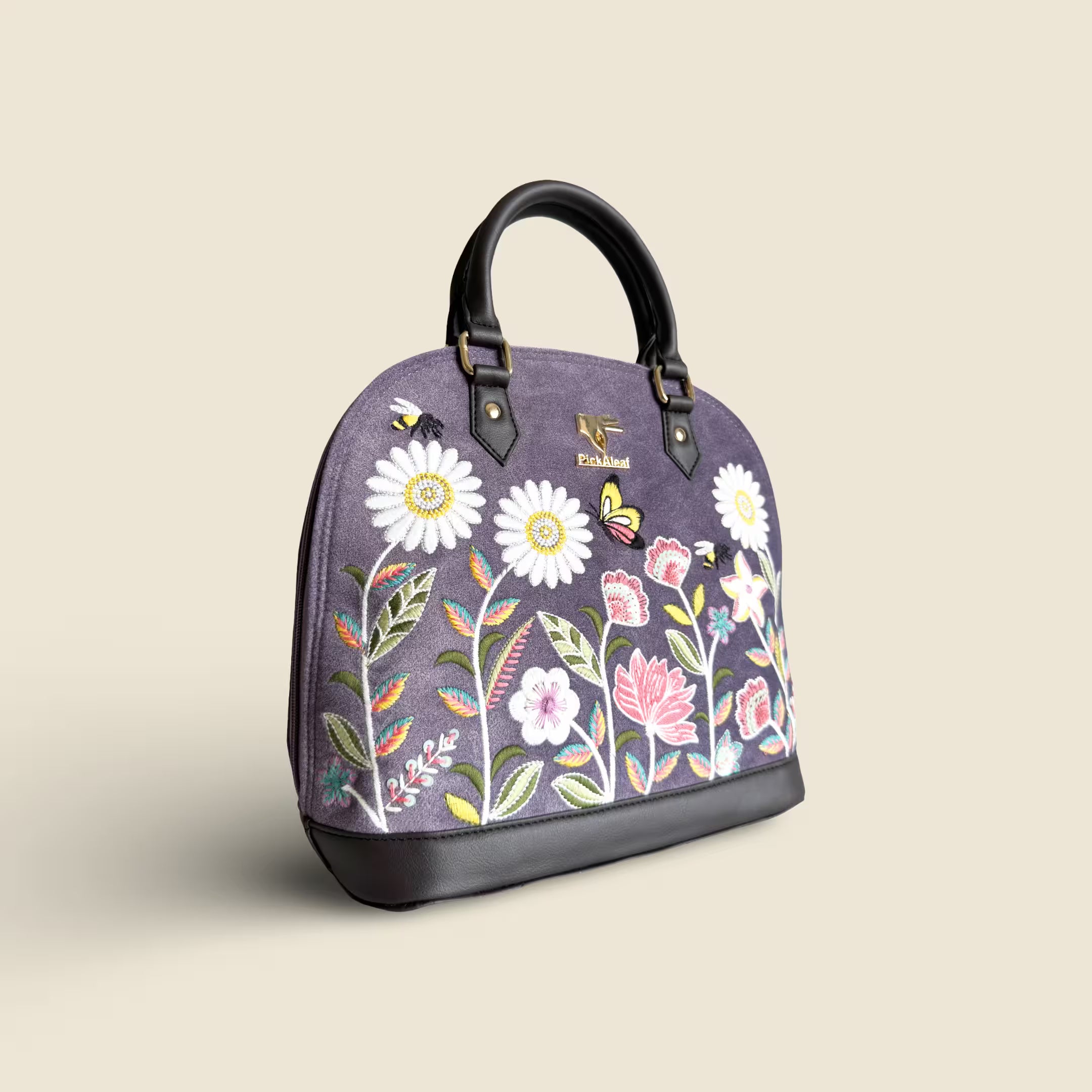 Purple embroidered luxury handbag for women in vegan leather by PickAleaf, cruelty free, for weddings, parties and festive use.