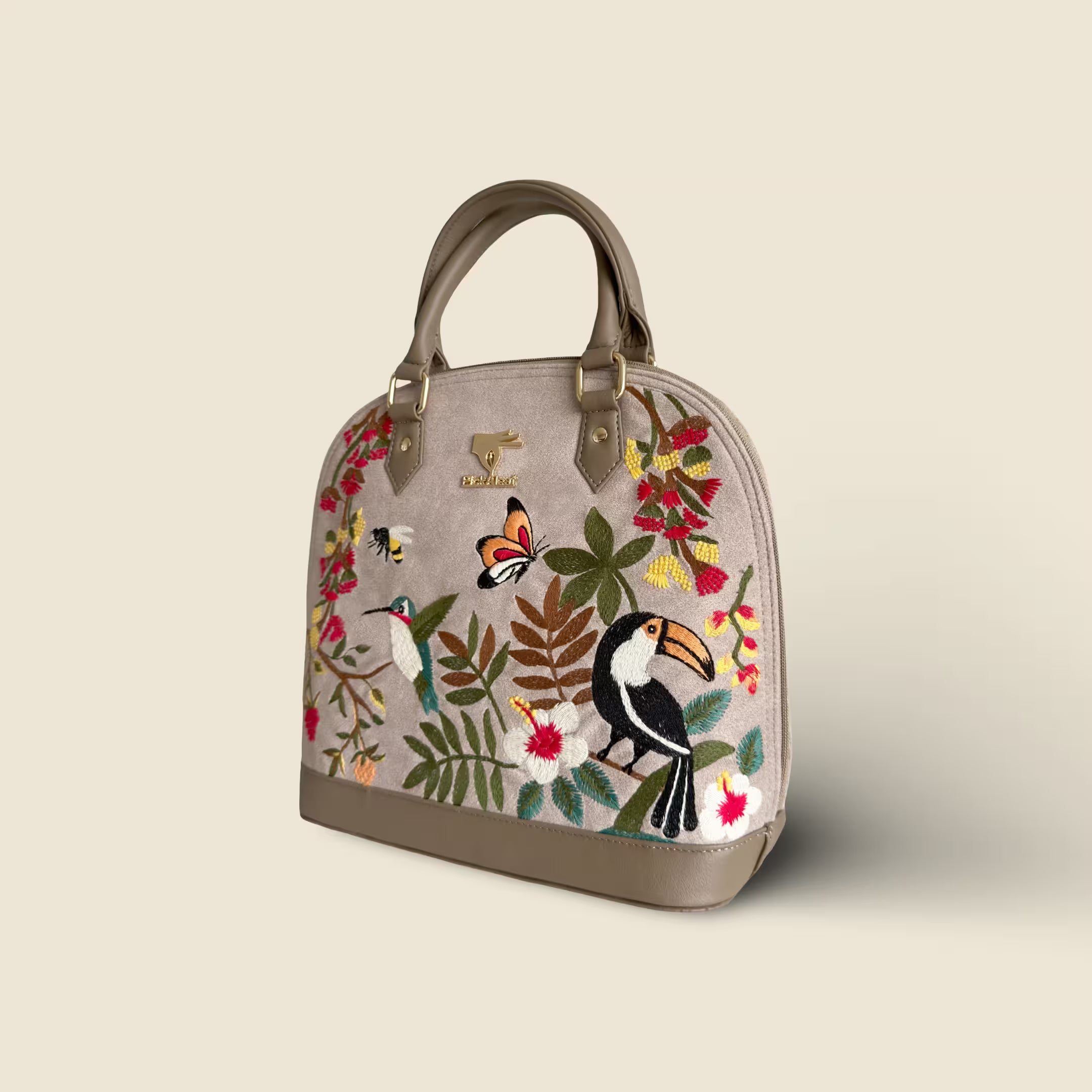 Beige embroidered designer handbag for women in vegan leather by PickAleaf, cruelty free with floral detail for weddings, parties and festive occasions
