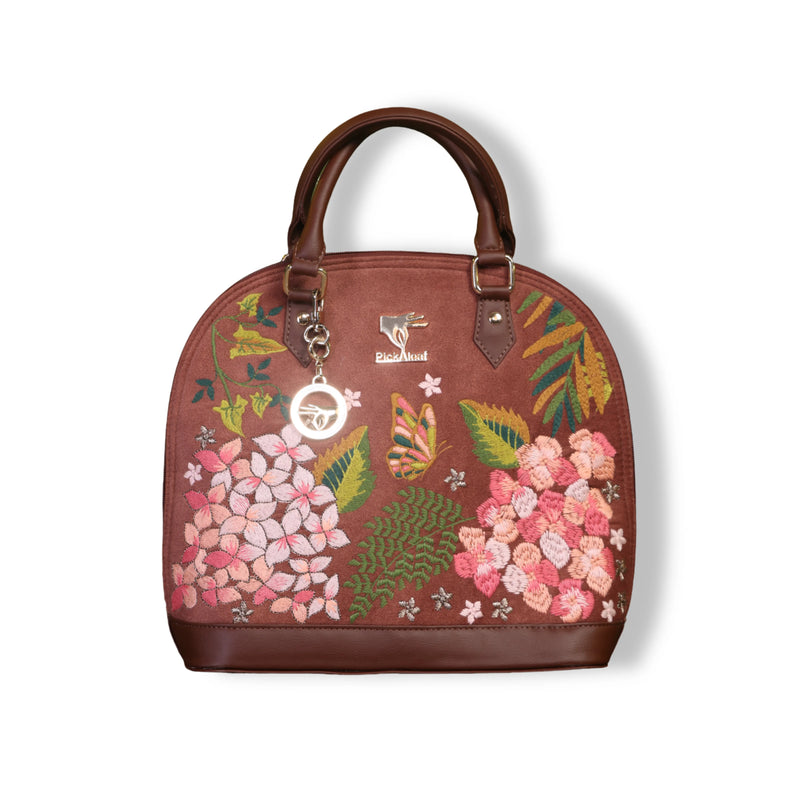 Brown embroidered handbag for women in vegan leather by PickAleaf, cruelty free with floral design for parties, weddings and daily use