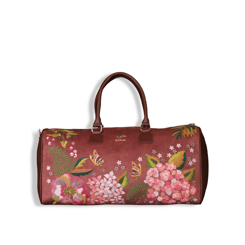 Brown Floral Embroidered Vegan Leather Travel Duffel | Blossom Wood Collection