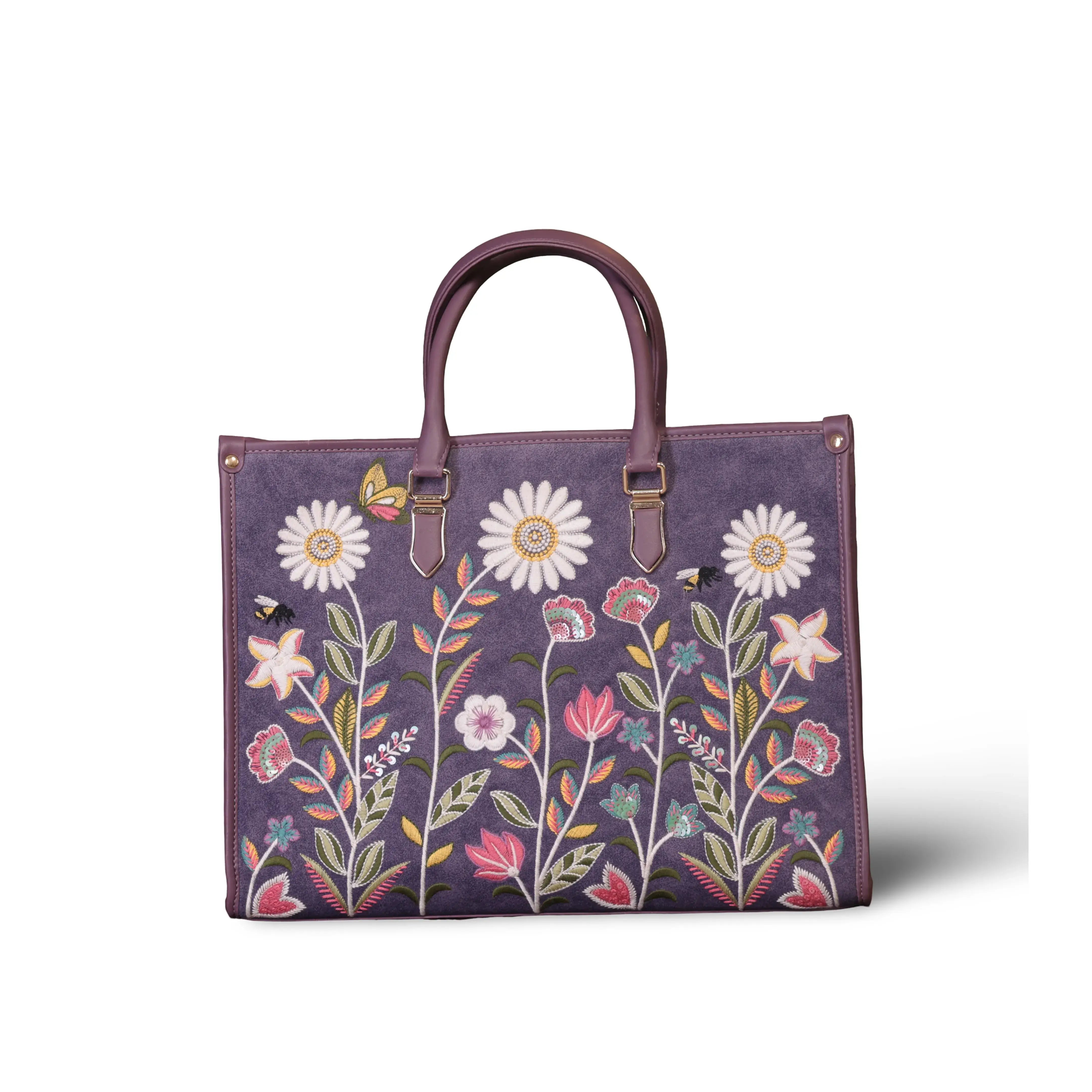 Purple embroidered work tote bag for women in cruelty free vegan leather by PickAleaf with laptop compartment and organized storage