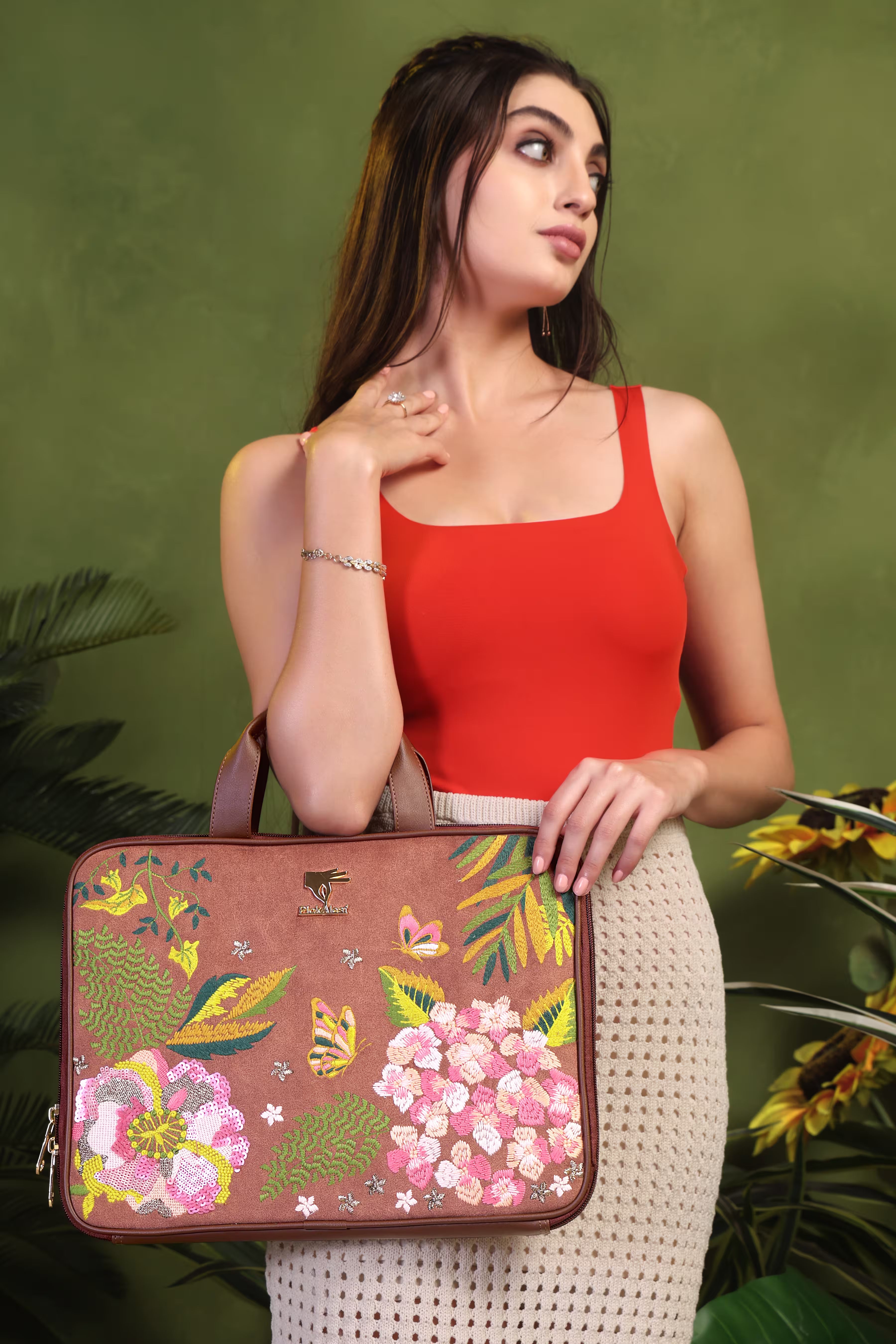 Brown Blossom Wood embroidered laptop sleeve.