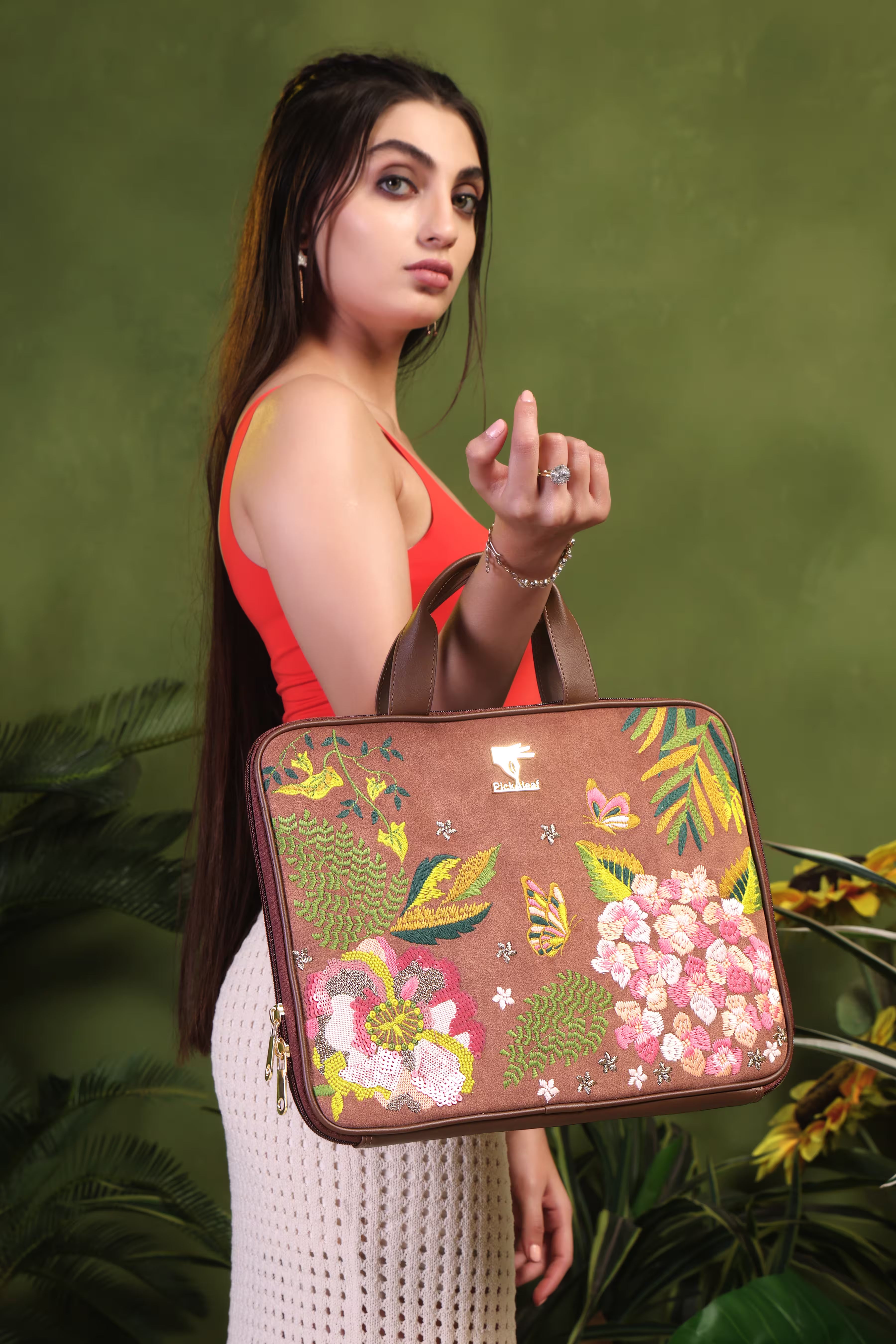 Brown Blossom Wood embroidered laptop sleeve.