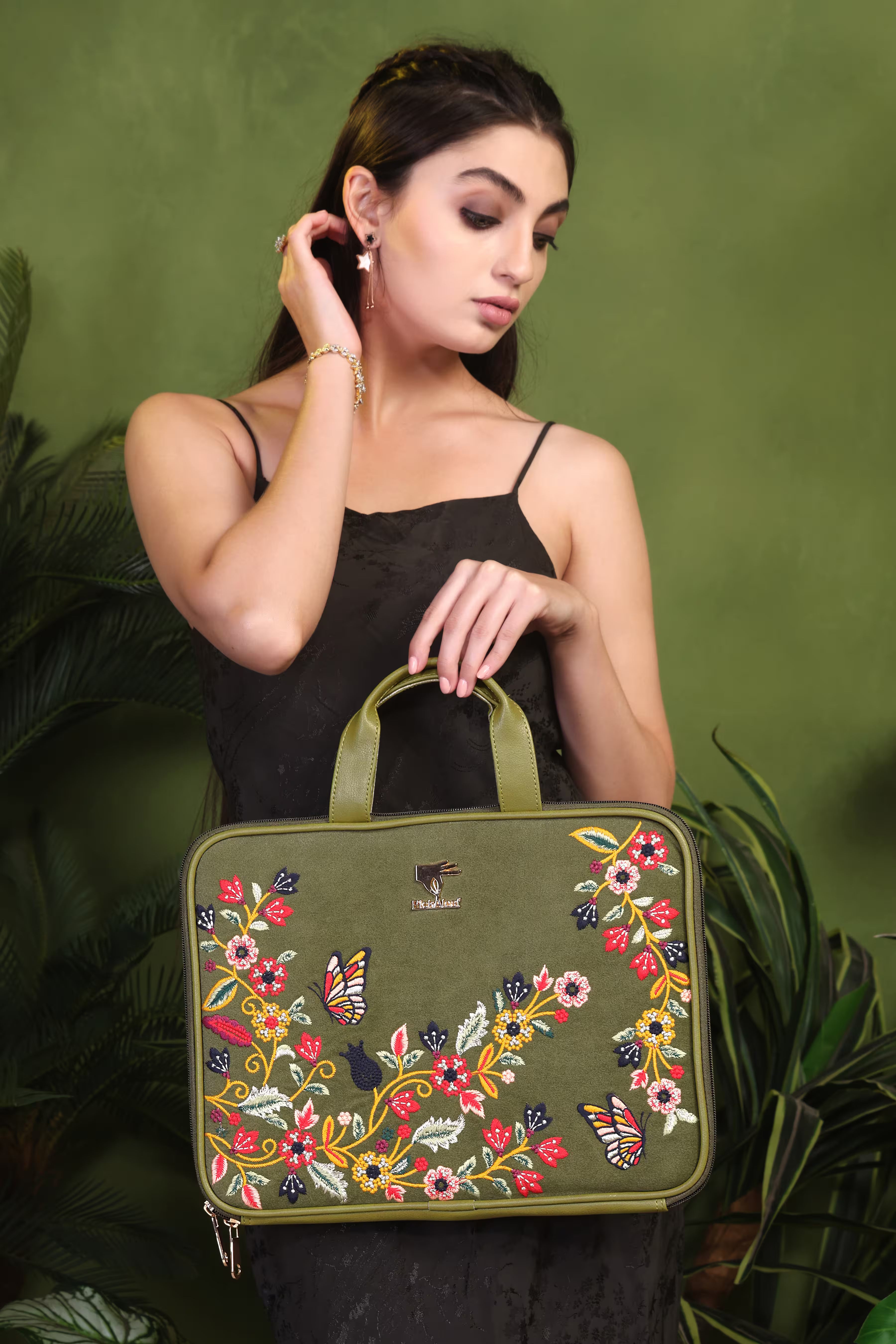 Olive green Waves embroidered laptop sleeve for office and travel.