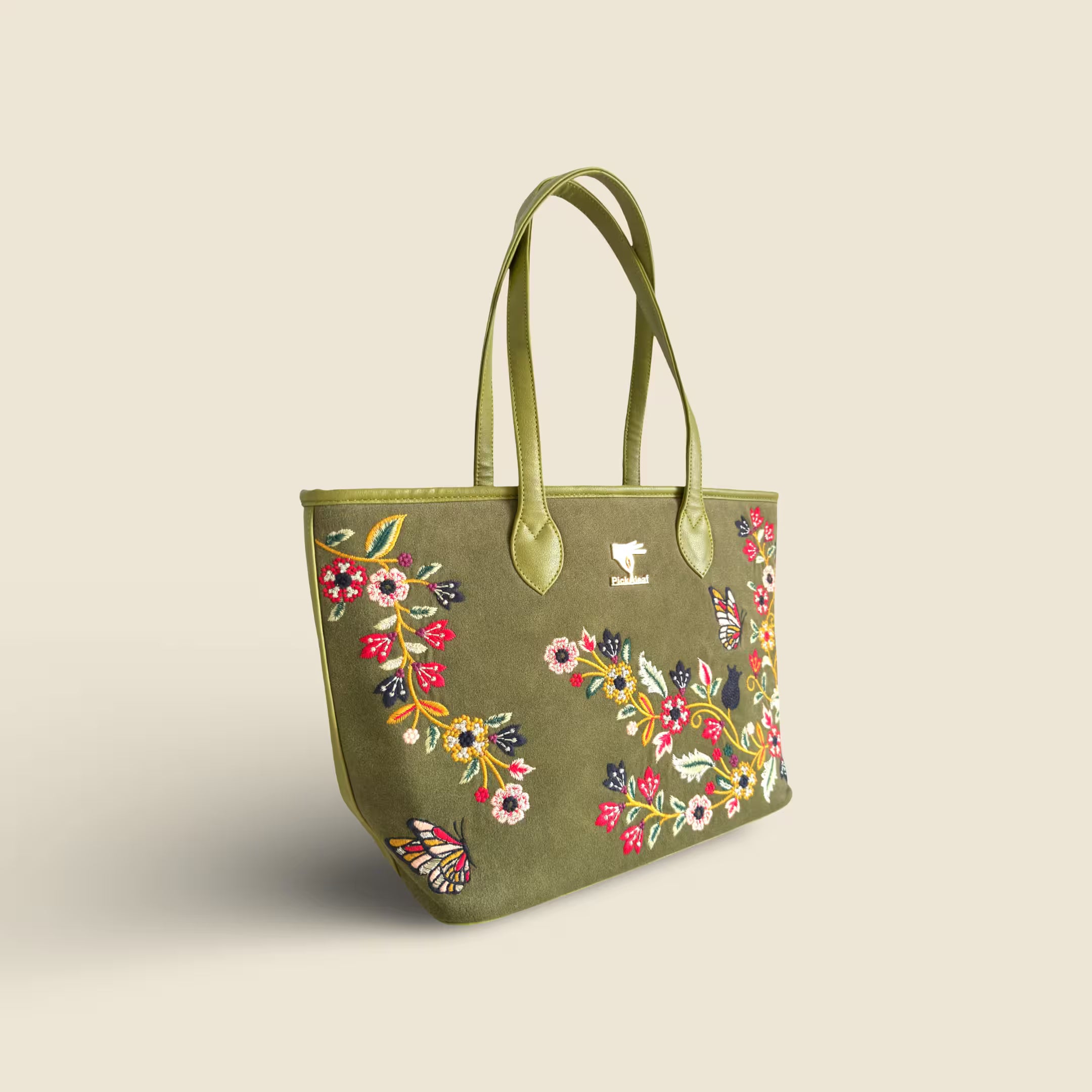 Olive Green Embroidery Waves Tote Bag | Work, Casual & Function