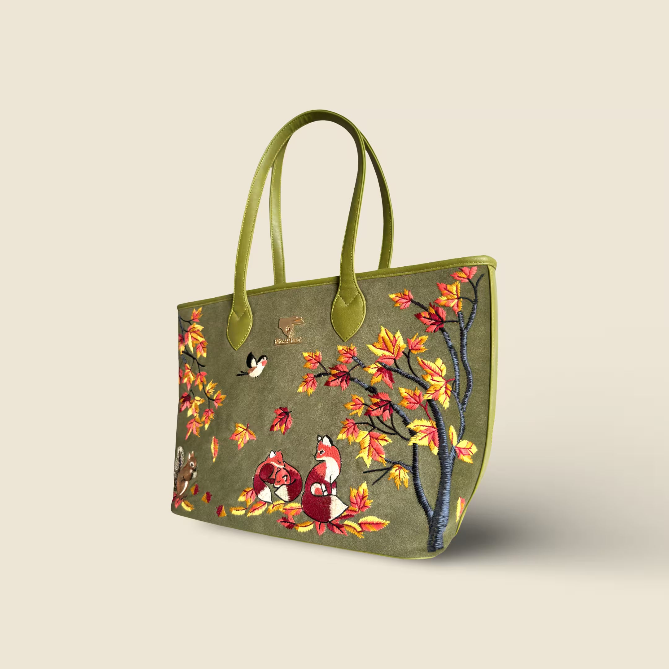 Olive green designer embroidered tote bag for women in vegan leather by PickAleaf for daily use, travel and shopping