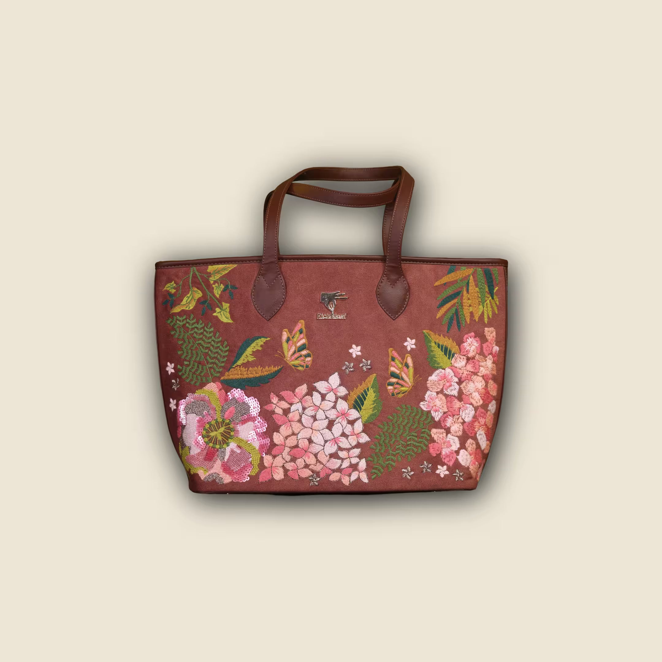 Brown Embroidery Blossom Wood Tote Bag | Wedding, Travel & Gift