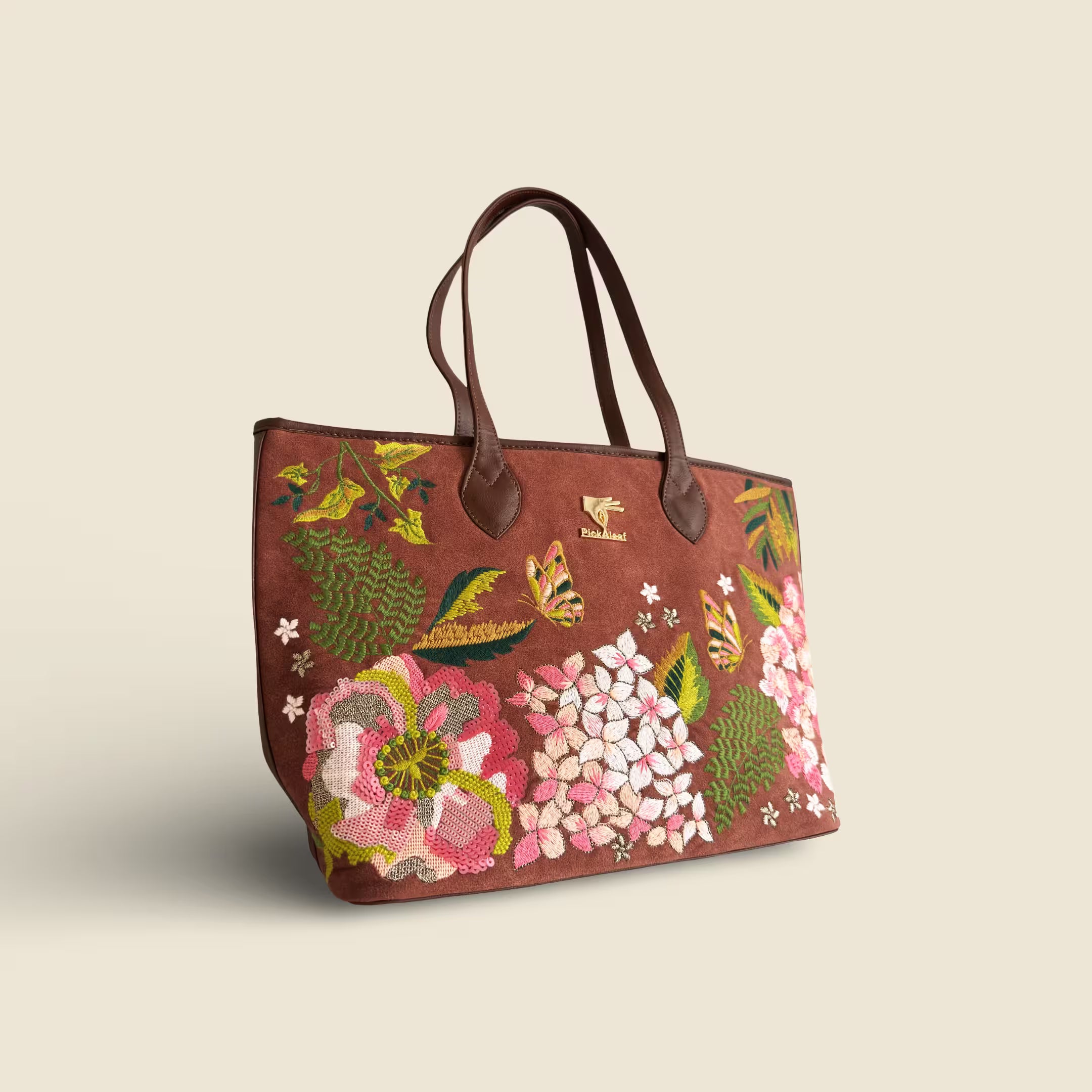 Brown Blossom Wood embroidered tote bag for weddings and travel.