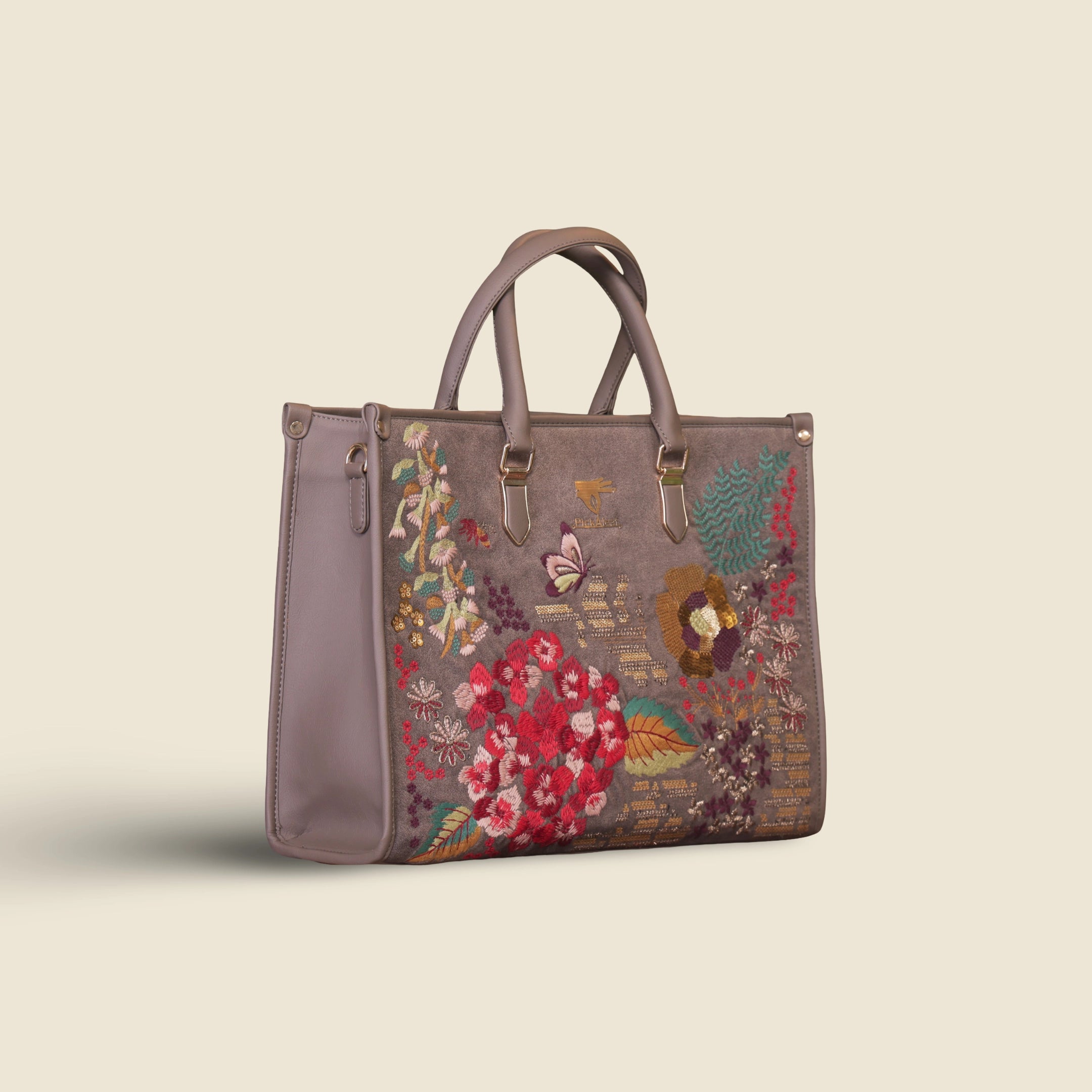 Grey embroidered tote bag for women in cruelty free vegan leather by PickAleaf with structured design for office and daily use