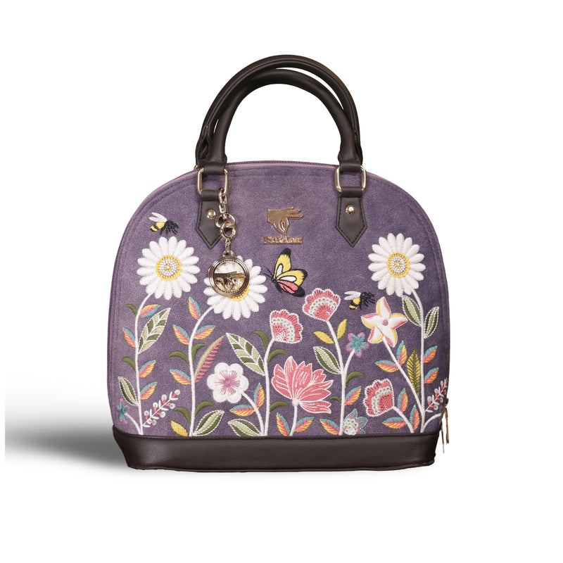 Purple embroidered luxury handbag for women in vegan leather by PickAleaf, cruelty free, for weddings, parties and festive use.