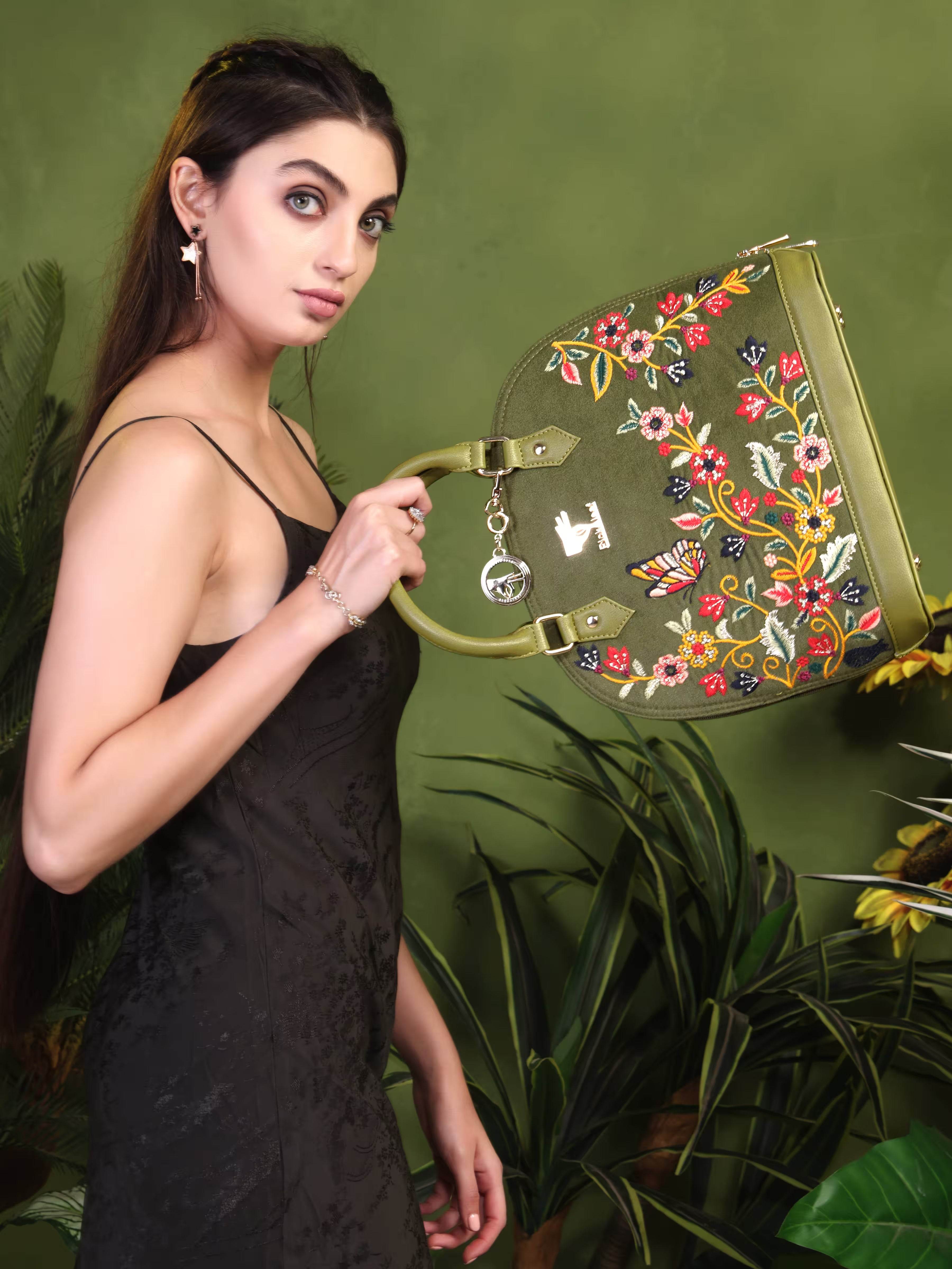 Olive green embroidered party handbag for women in vegan leather by PickAleaf, cruelty free with floral design for weddings and festive use