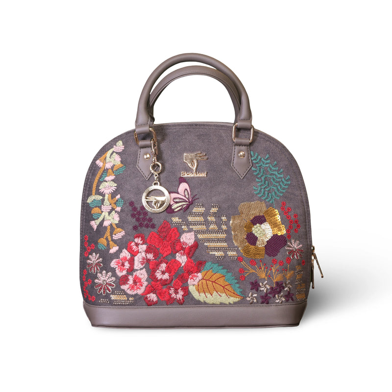 Grey embroidered small handbag for women in vegan leather by PickAleaf, cruelty free for work, meetings and formal use