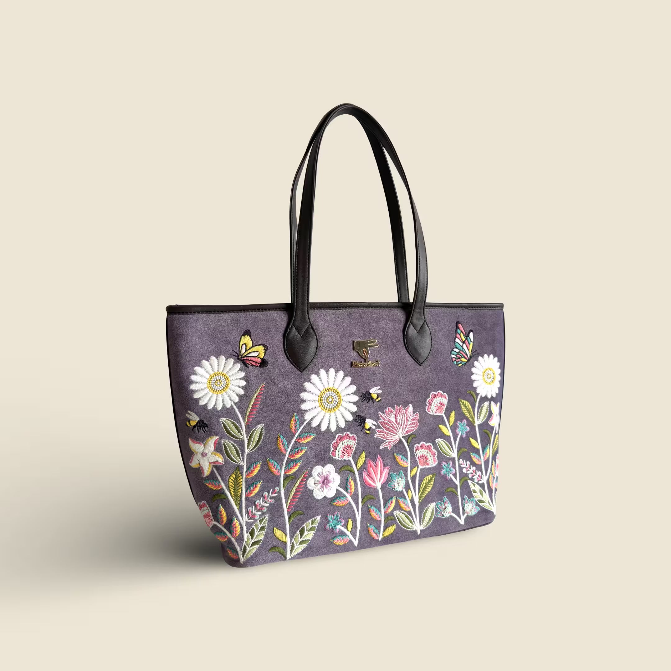 Purple embroidered ethinic tote bag for women in vegan leather by PickAleaf for travel, shopping and daily use