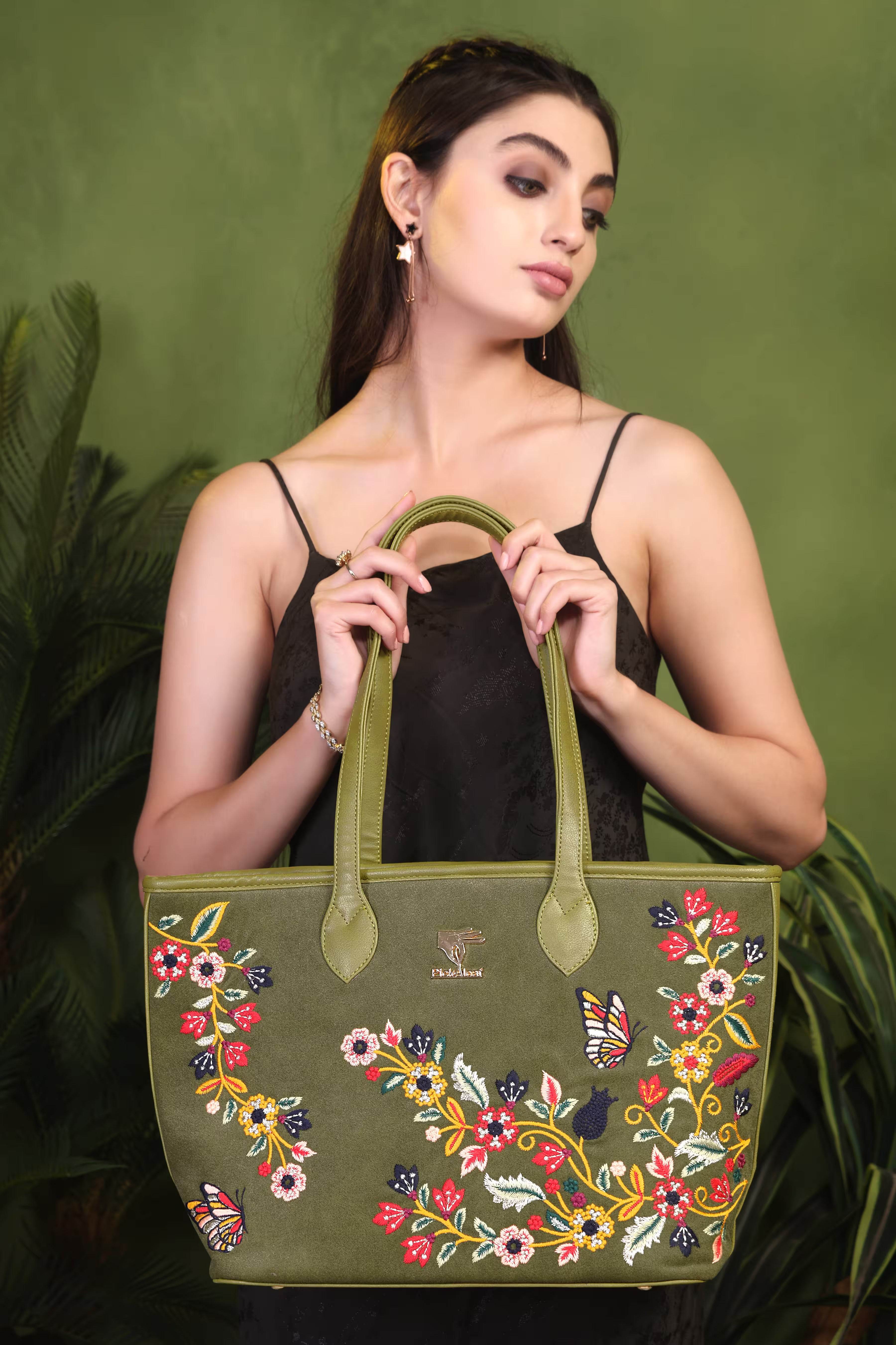 Olive green embroidered tote bag for women in vegan leather by PickAleaf for shopping, travel, functions and daily use