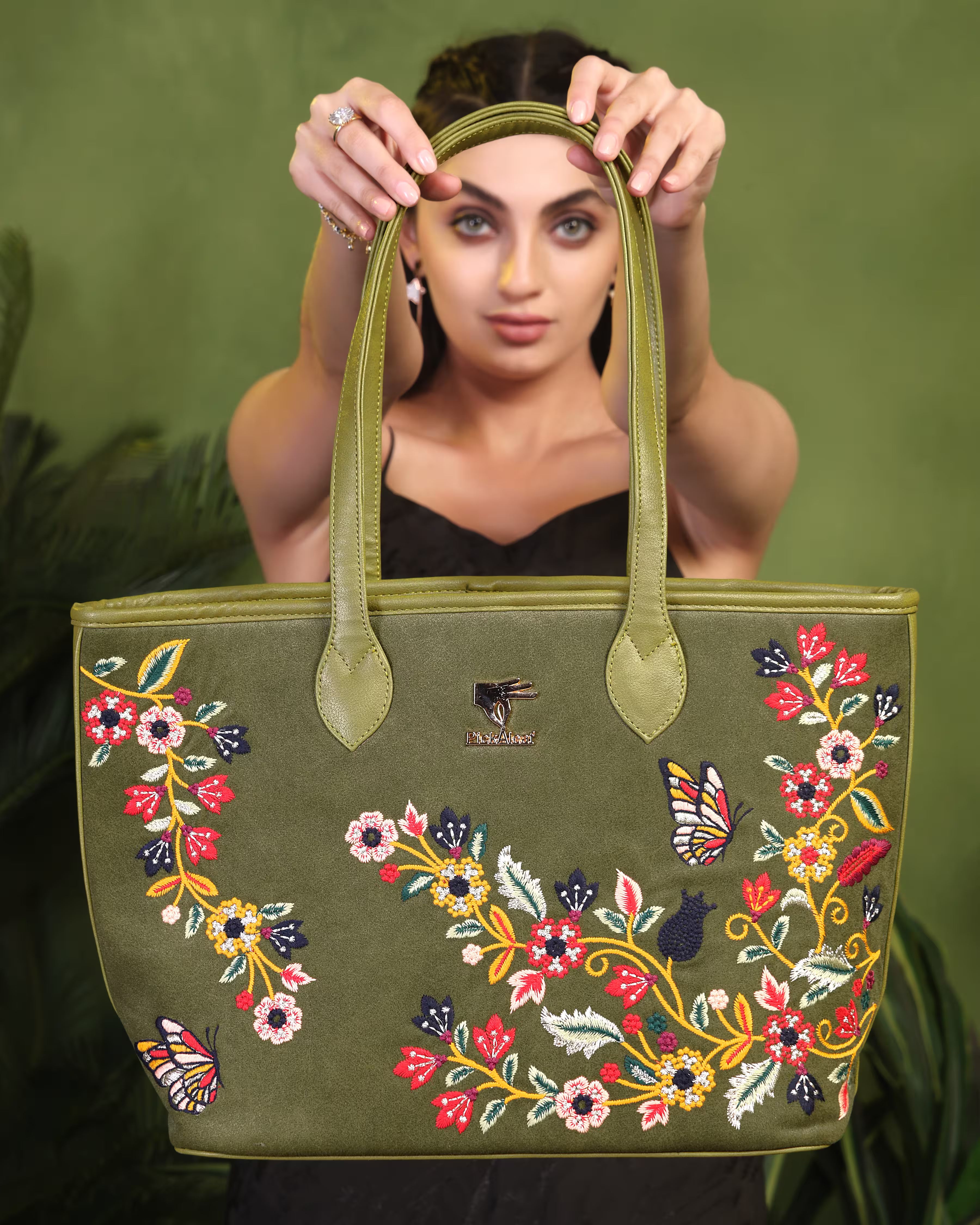 Olive Green Embroidery Waves Tote Bag | Work, Casual & Function