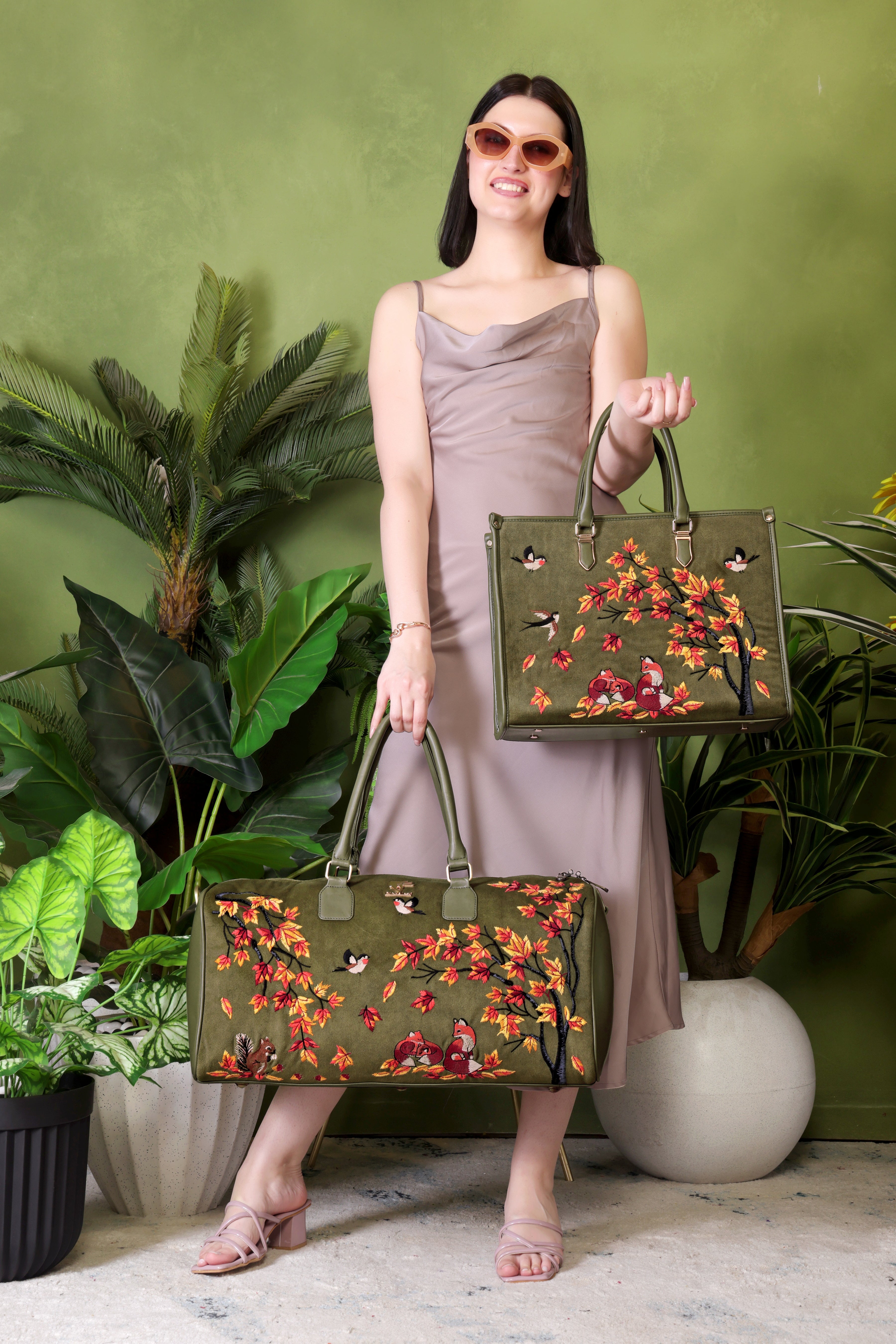 Olive Green Embroidery Autumn Whisper Duffel Bag