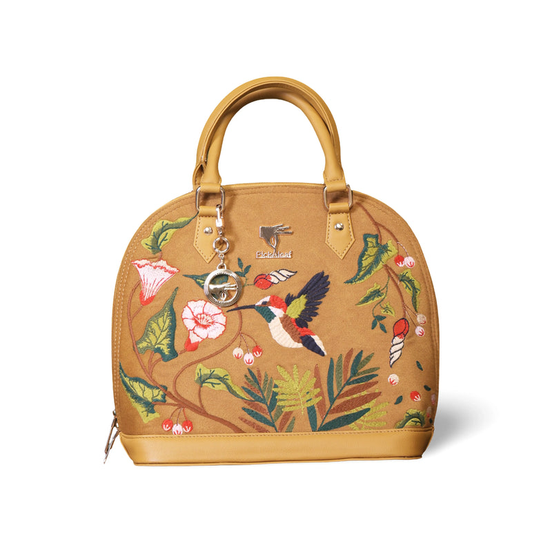 Mustard embroidered unique handbag for women in vegan leather by PickAleaf, cruelty free, for work, meetings and formal use