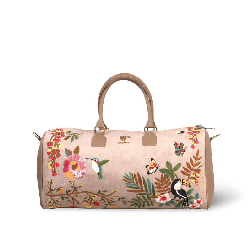 Beige travel duffel bag for women in cruelty free vegan leather by PickAleaf for cabin trips and refined luxury travel use