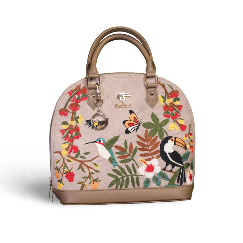 Beige embroidered designer handbag for women in vegan leather by PickAleaf, cruelty free with floral detail for weddings, parties and festive occasions