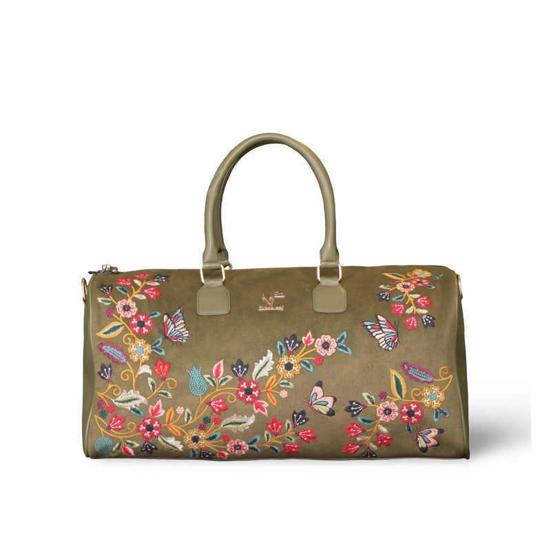 Olive Green Floral Embroidered Vegan Leather Travel Duffel | Olive Waves Collection