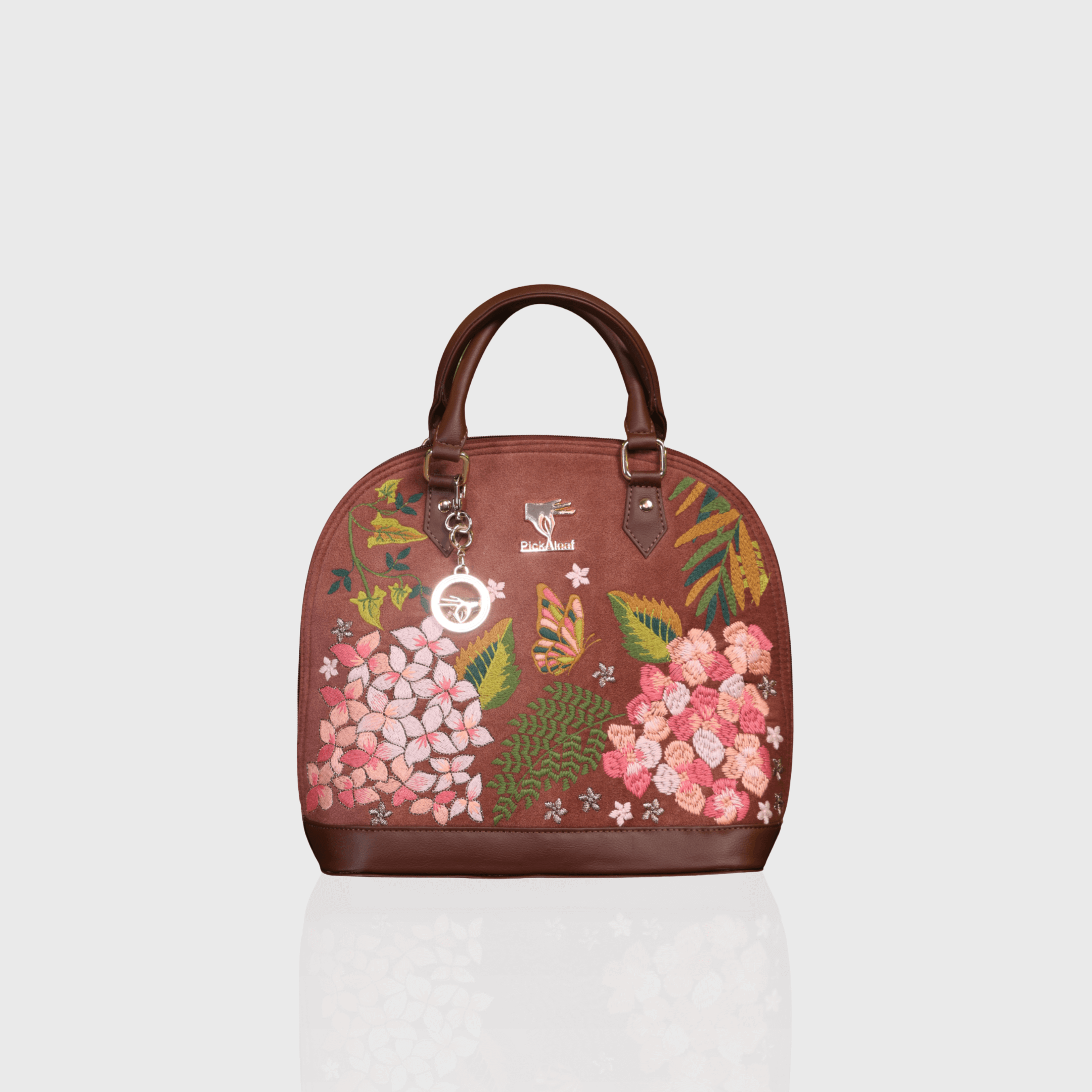 Brown Blossom Wood embroidered handbag for daily and occasion wear.