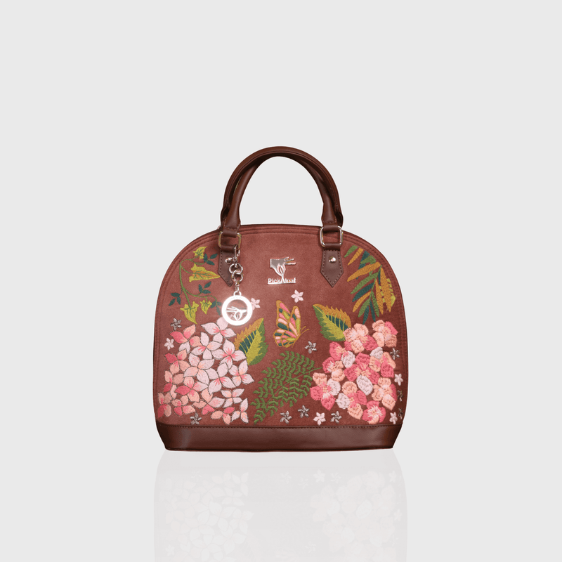 Brown Blossom Wood embroidered handbag for daily and occasion wear.